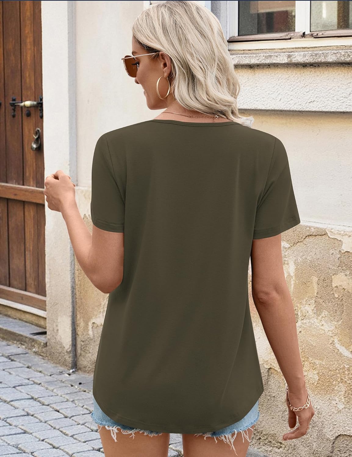 LOMON Womens Summer Tops Short Sleeve V Neck Pleated T-Shirts Loose Fit Dressy Casual Blouses S-XXL - Image 4