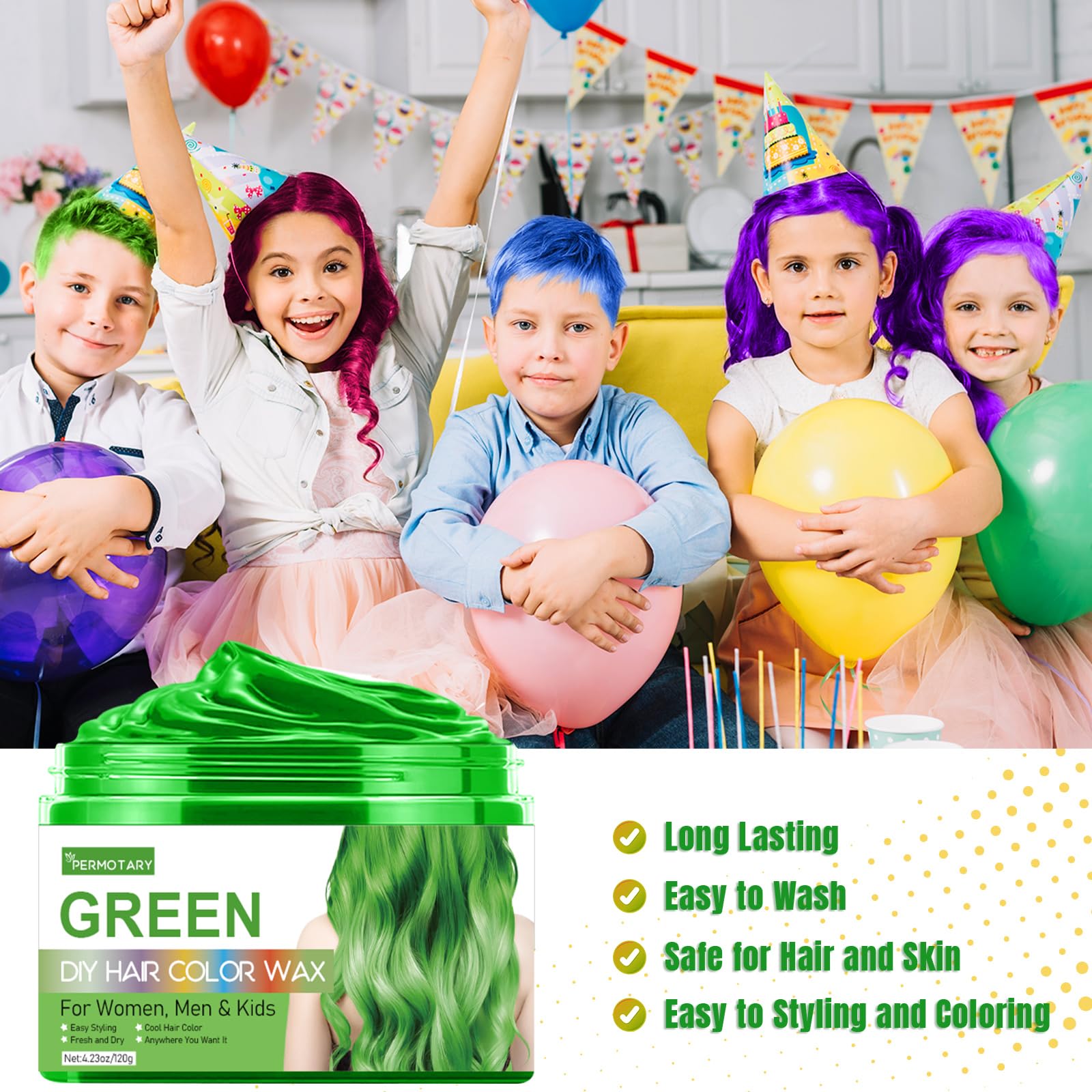 Permotary 6 Colors Temporary Hair Color For Kids Styling Cream Mud, Temporary Hair Dye Wax Great for Party, Cosplay, Halloween,Fancy Dress, In Total Capcity 25.38 OZ