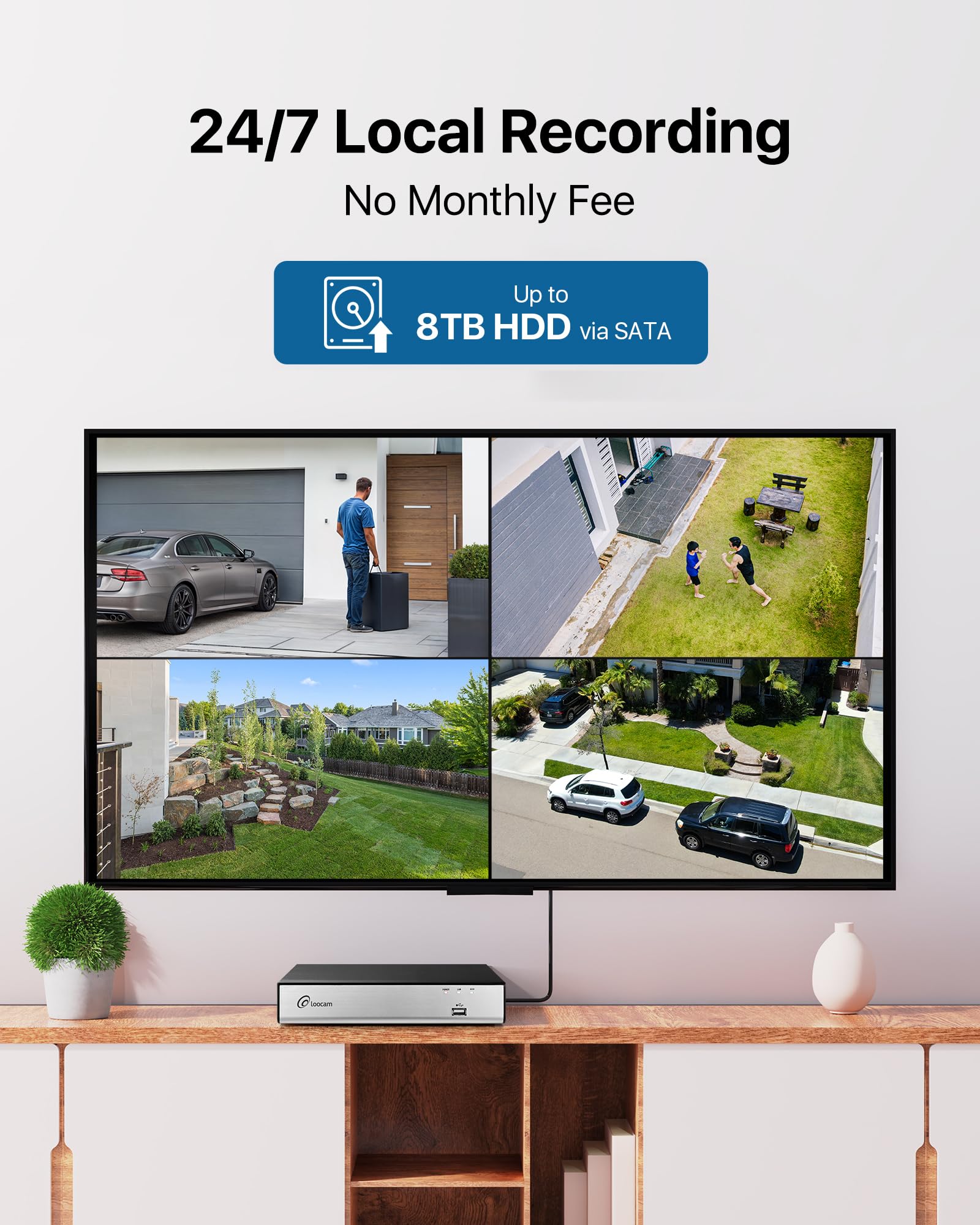 Loocam 1080P Kit de Cámara de Videovigilancia 8CH H.265+ DVR con 4x2MP 1920TVL Cámara de Vigilancia Exterior, Vision Nocturne, Acceso Remoto, Sans Disque Dur