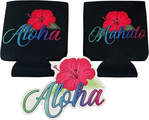 Aloha Hawaii Hibiscus & Mahalo - Fundas enfriadoras de latas de cerveza (paquete de 2) y 1 calcomanía Aloha - Fundas enfriadoras de latas de cerveza