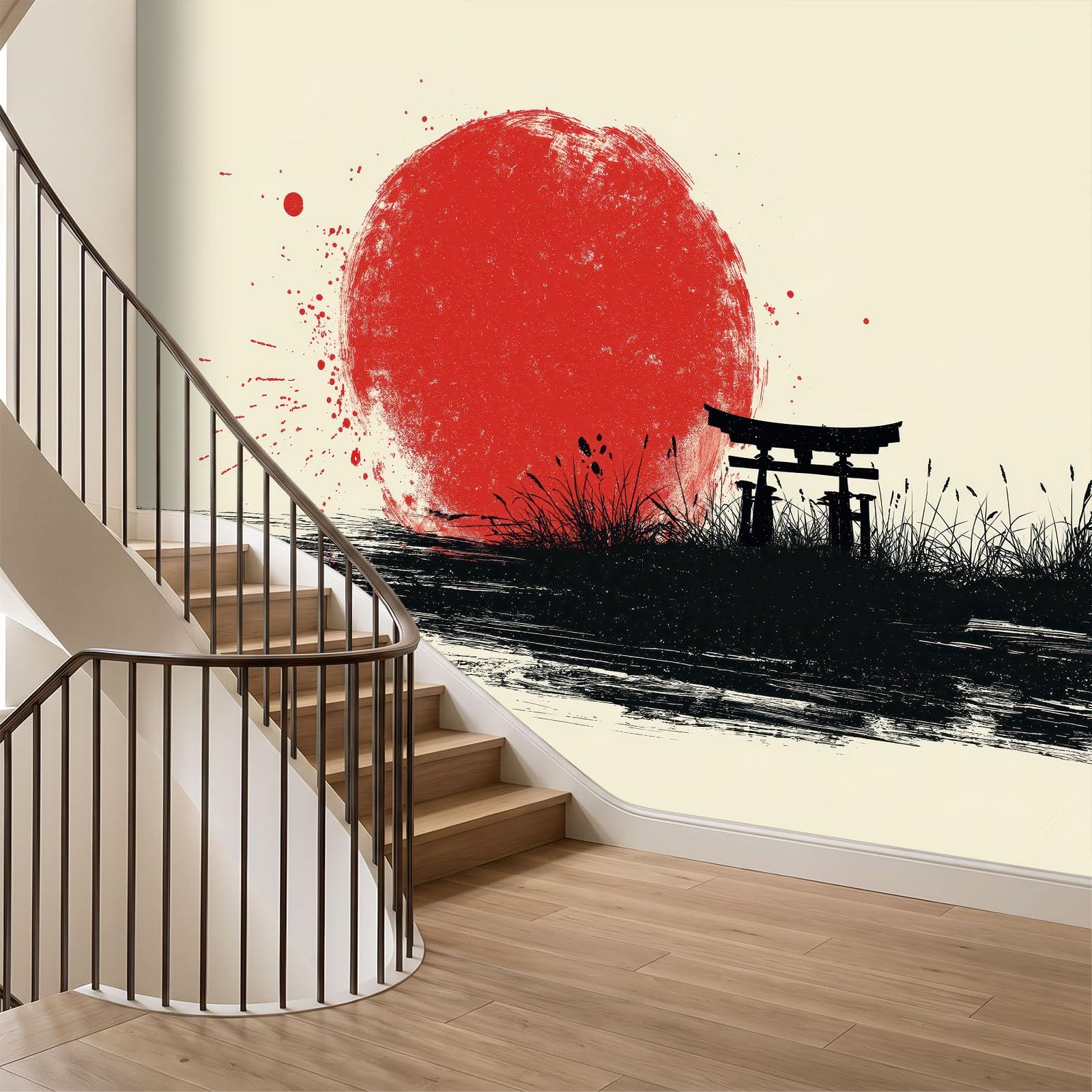Tradycyjna orientalna tapeta 500L x 280H cm, japońska architektura słońce czerwone paski obraz ścienny sztuka do salonu sypialnia biuro, dekoracja czerwona fototapeta panoramiczna tapeta