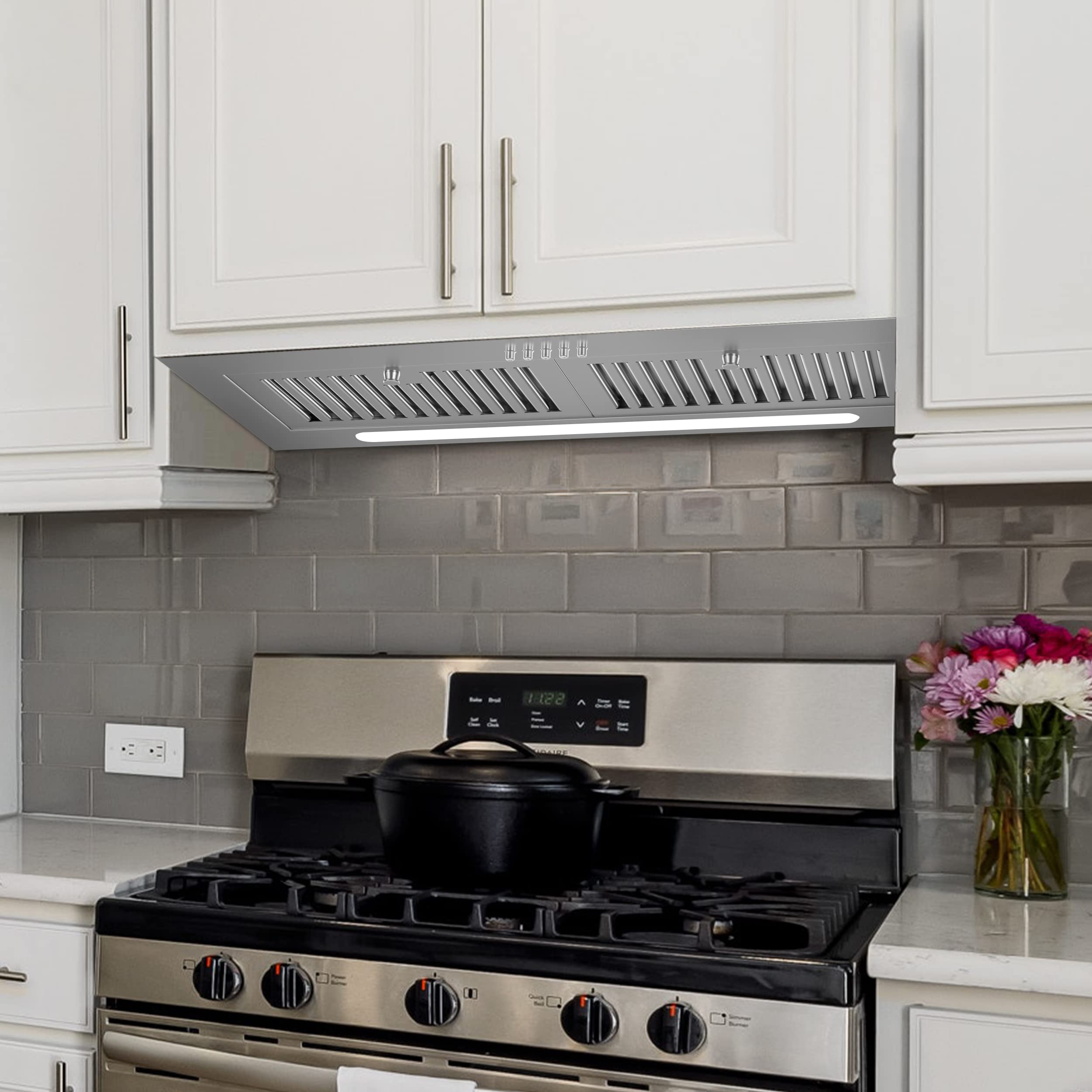 Campana extractora de 30 pulgadas, 600 CFM con canalizos/sin conductos, convertible con luz LED, campana de ventilación integrada con ventilador de escape de 3 velocidades, filtros 8