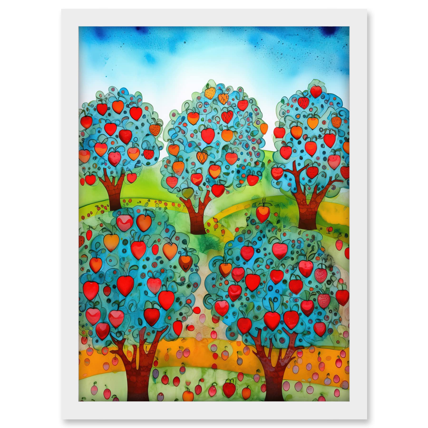 Artery8 Apple Orchard Trees Ready For Harvest Folk Art Landscape Watercolour Painting Artwork Framed A3 Wall Art Print