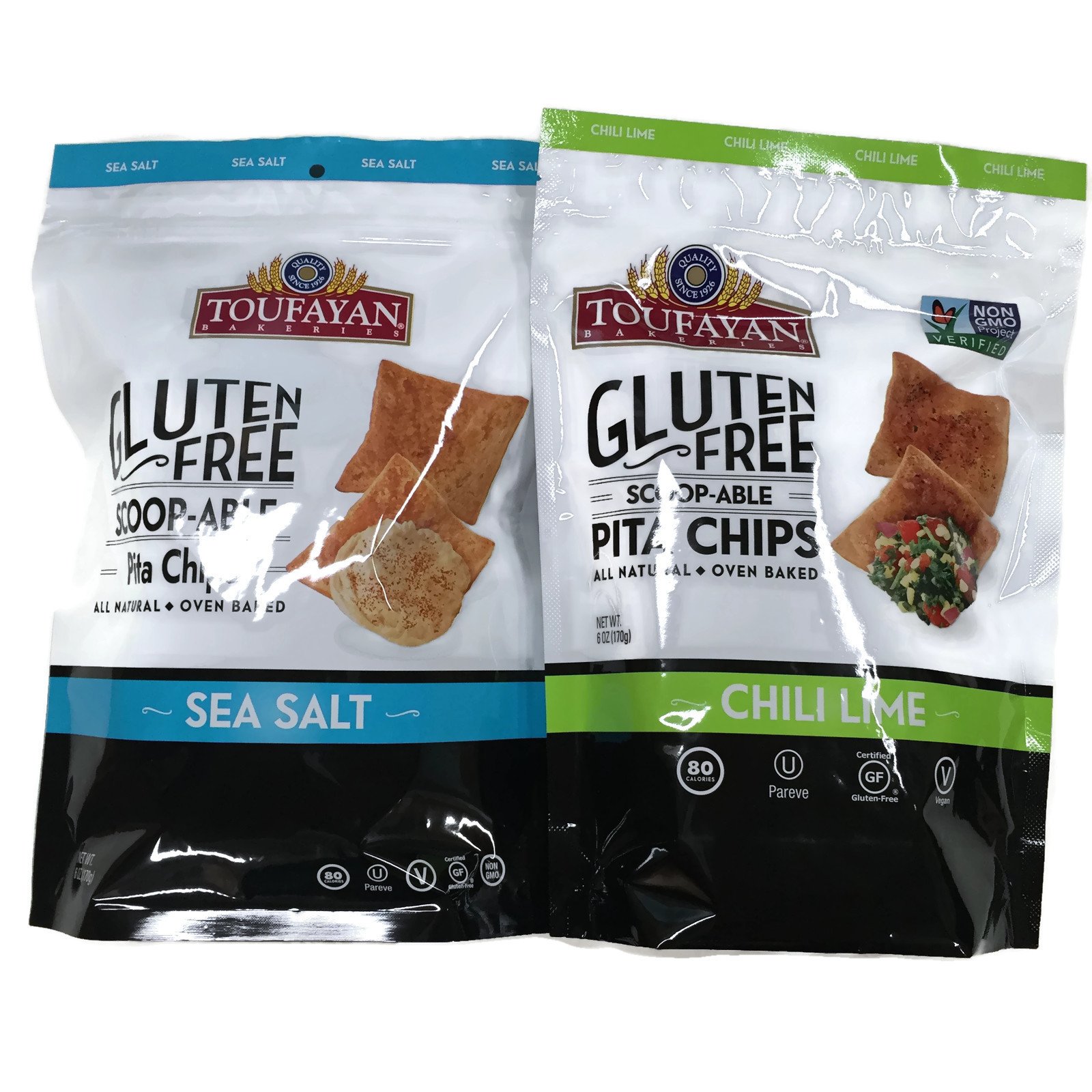 Toufayan Gluten Free Scoop-able Baked Pita Chips, 6 Oz. (Set of 2) (Sea Salt + Chili Lime)
