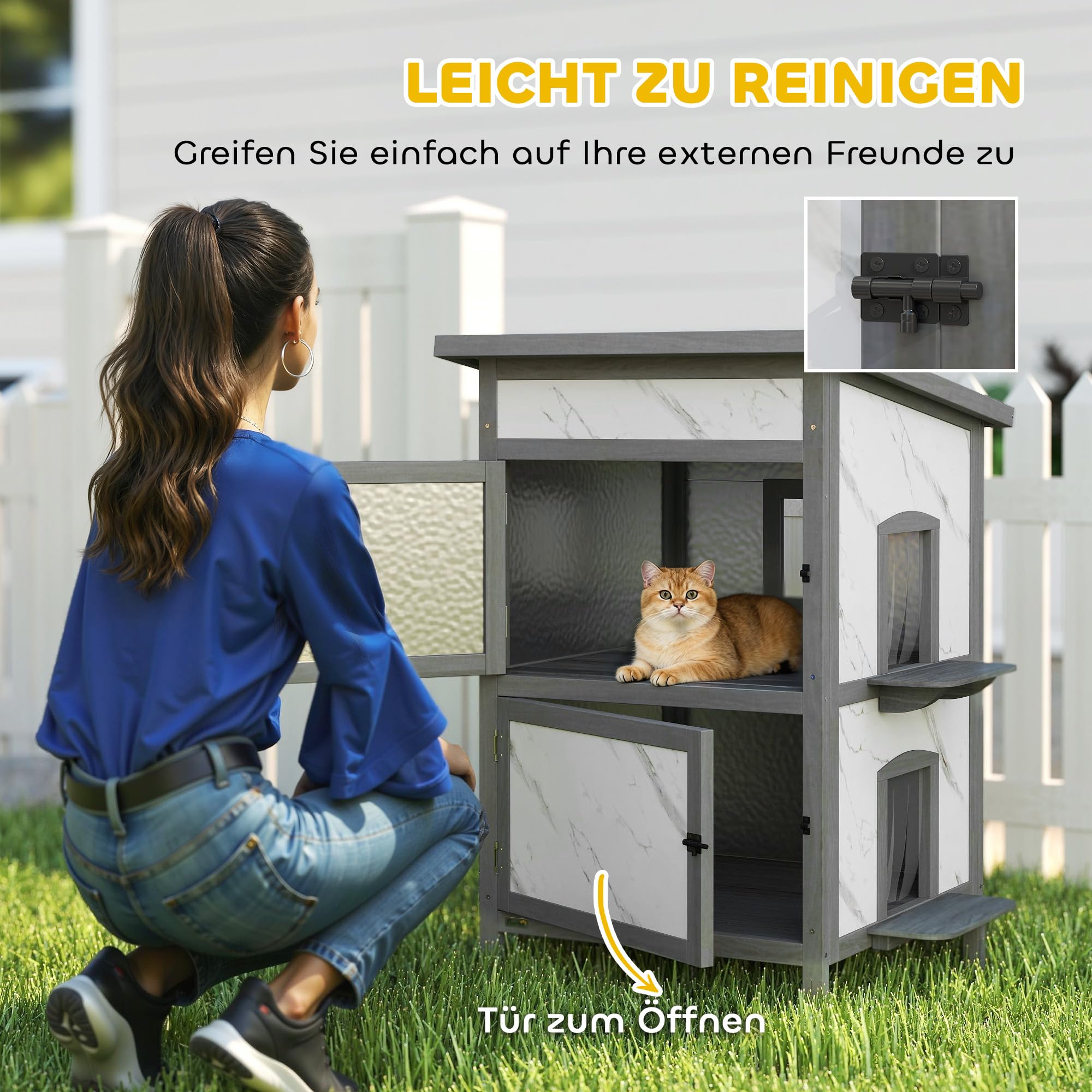 Casa de Madera para Gatos PawHut, casa para Gatos aislada de 2 Pisos para Exteriores con Ventana, Varias Puertas, Techo Repelente al Agua, Cueva para Gatos Caja para Gatos para Exteriores, 60 x 60 x