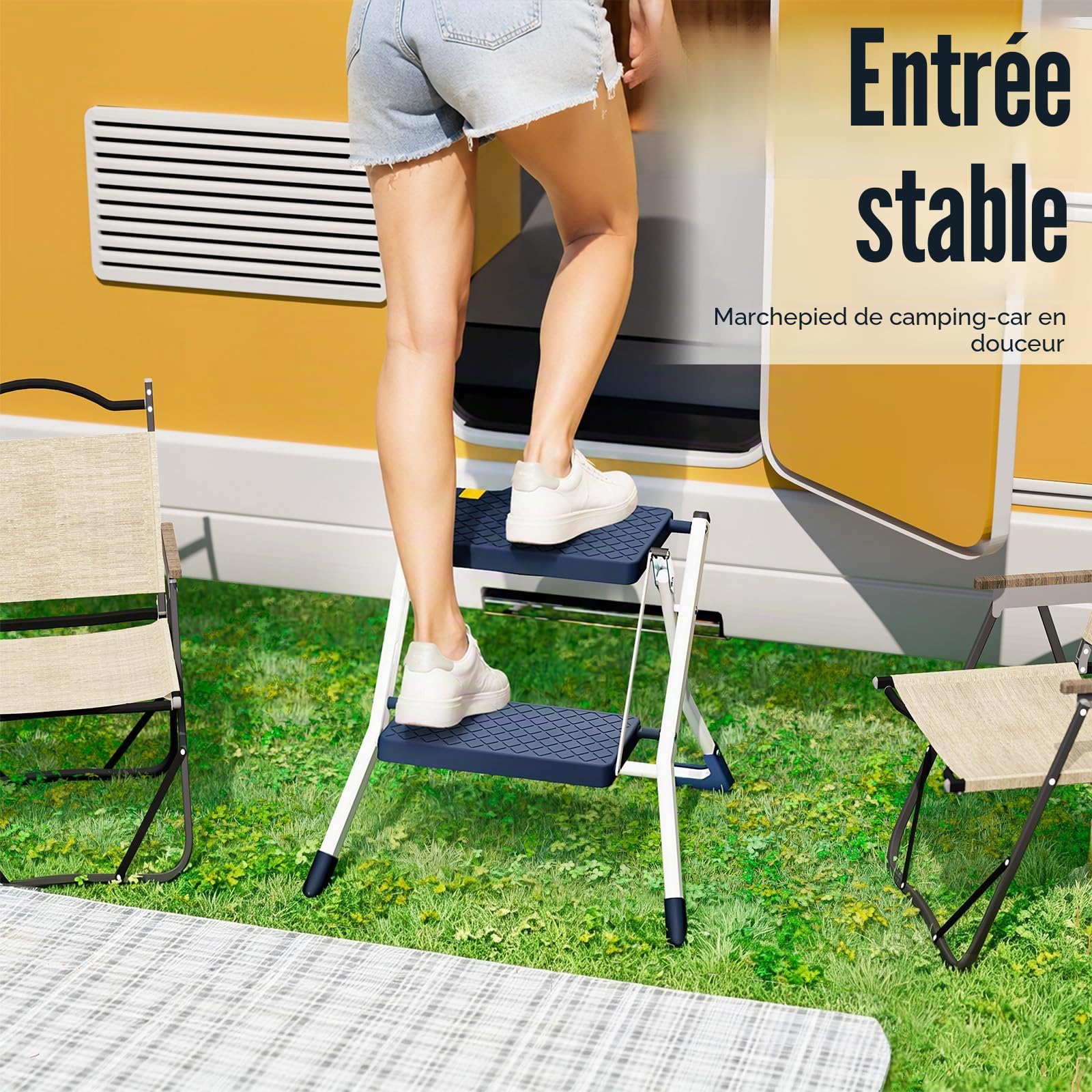 Urackify Échelle Marchepied 2 Marches en Acier Robuste, Pédales Larges Antidérapantes avec Poignée, Échelle Pliable Sécurisée Patins Antidérapants, Charge 150 kg, Idéale Maison Cuisine, Bleu