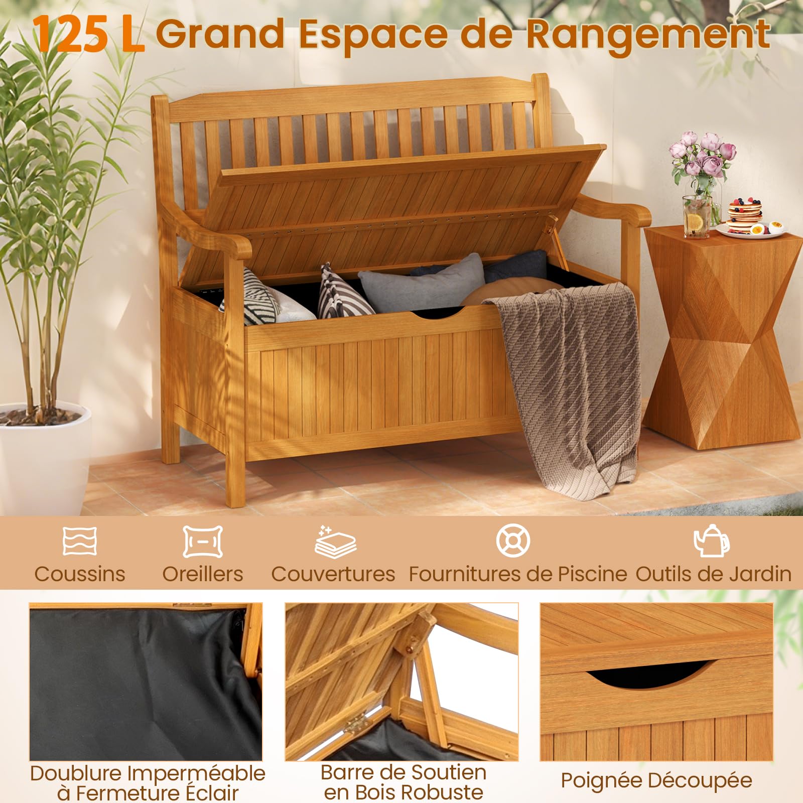 COSTWAY Banc de Jardin en Bois d'Acacia, Banc Coffre Exterieur 125L,Naturel