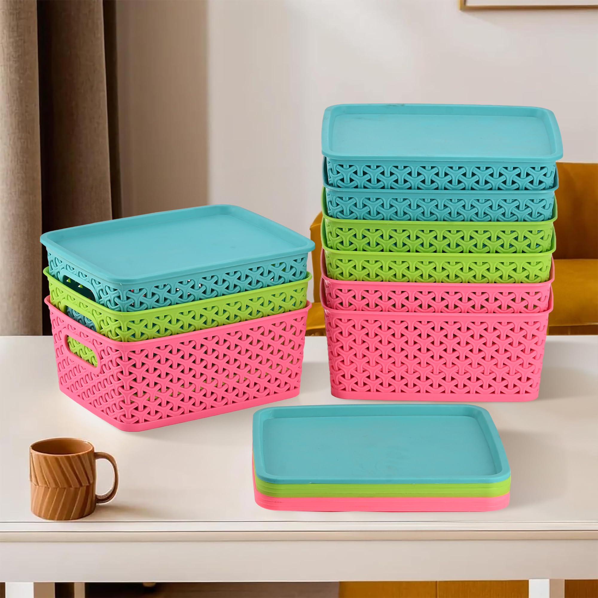 Kuber Industries Pack of 9 Multipurpose Storage Baskets with Lid for Organizing Home & Office | H1- Storage Box/Tray- Ideal for Kitchen, Bathroom, Clothes, Makeup & Stationery | Multicolor