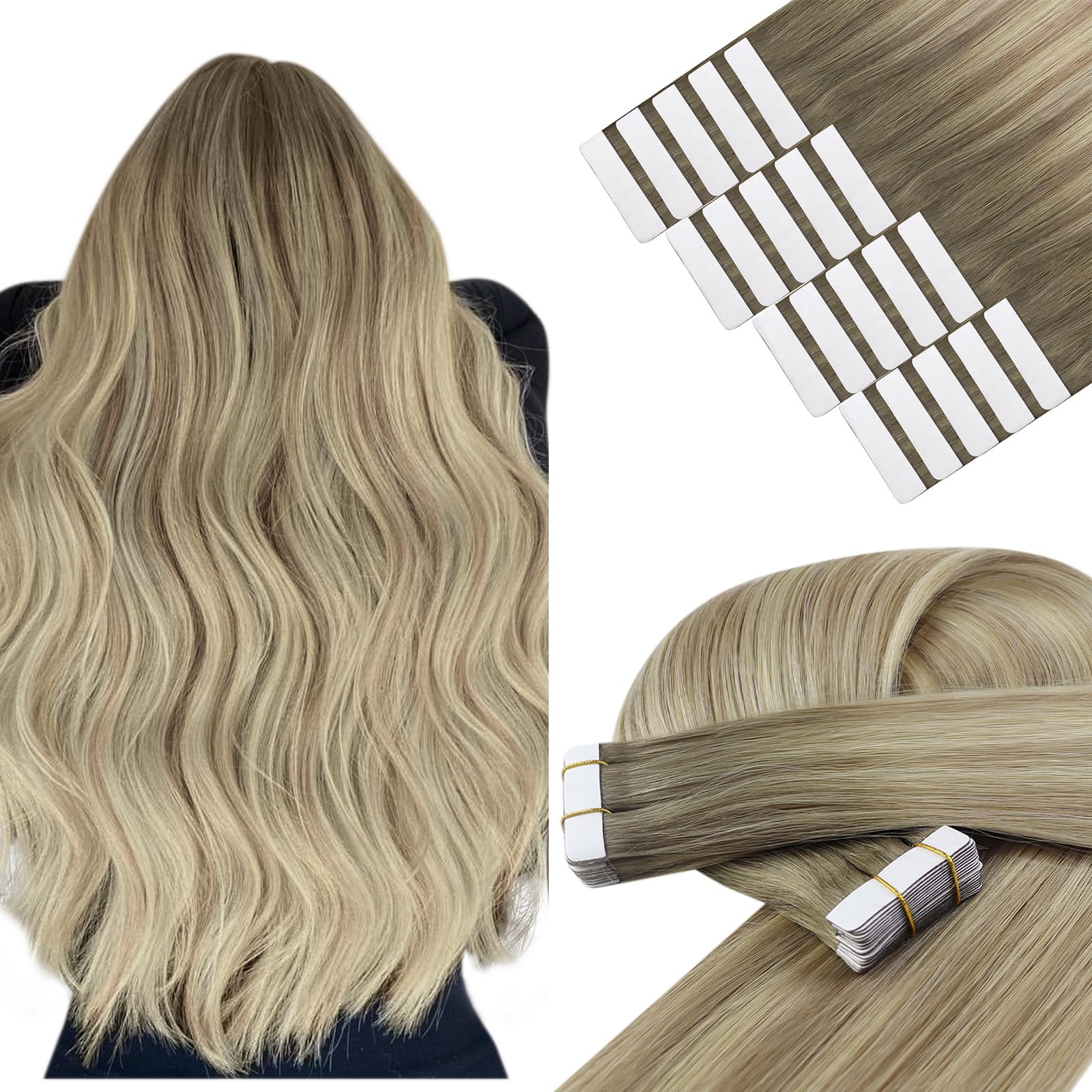 YoungSee Tape in Hair Extensions Human Hair Blonde 24 Inch Tape in Extensions Ash Blonde Ombre Platinum Blond Balayage Tape on Hair Extension Real