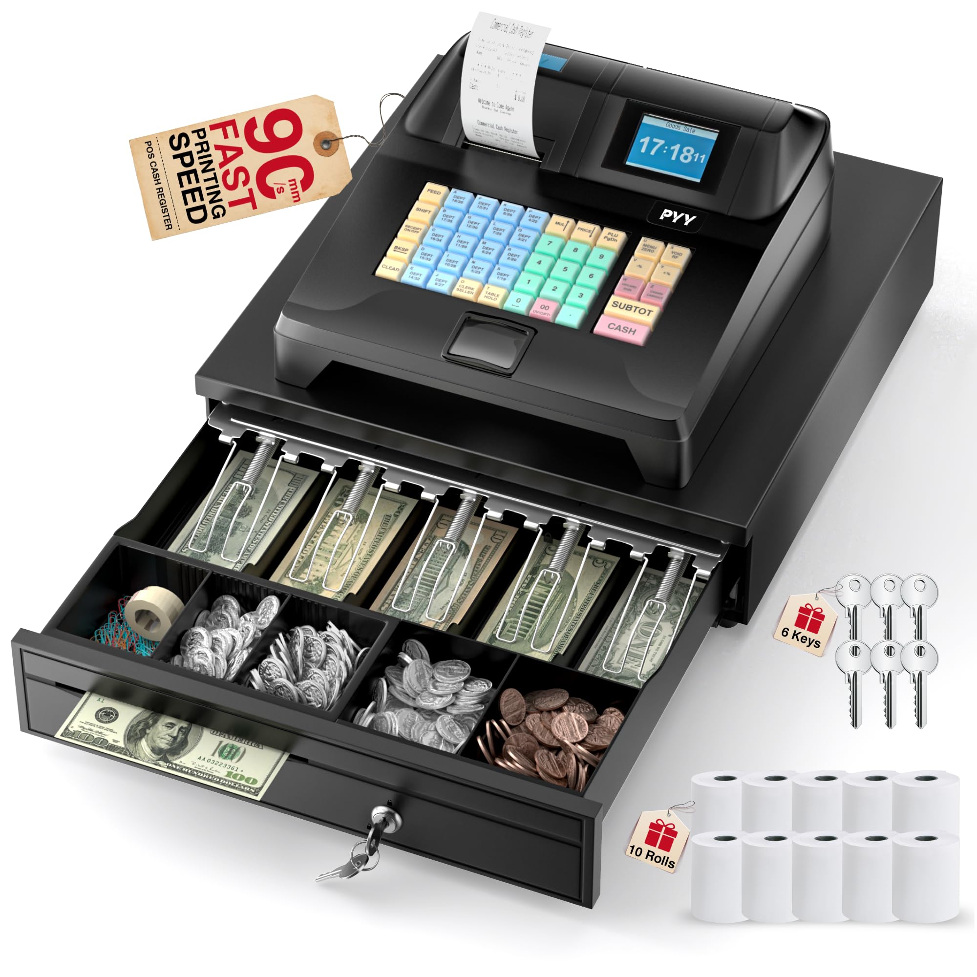 PYY Cash Register for Small Businesses - Electronic Commercial Caja Registradora para Negocio with Lock Cash Drawer Box, 8 Digital Dual Display, 48