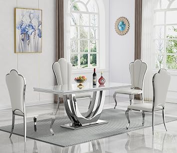 68" Modern Faux Marble Dining Room Table Set for 4,Luxury White Kitchen Table Set for 4 with Silver Steel Base,5 Piece Rectangle Dining Table Set & 4 PU Leather Upholstered Chairs