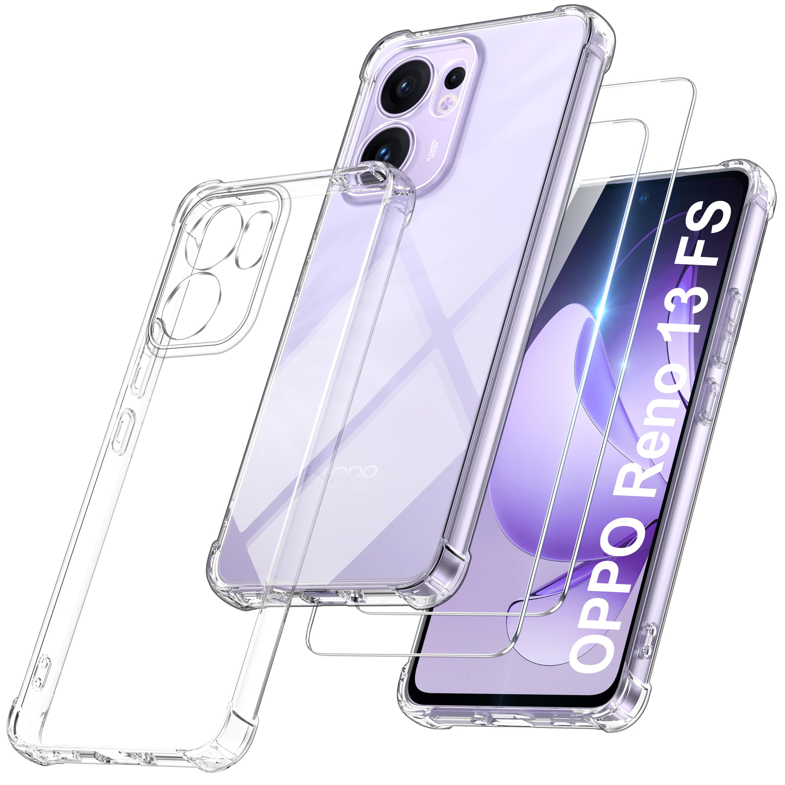 FLLAO Cover Compatibile con OPPO Reno 13 F (4G / 5G) / OPPO Reno 13 FS 5G con 2 Vetro Temperato [Protezione Fotocamera] Anti Ingiallimento Antiurto Silicona TPU Morbido Custodia - Trasparente