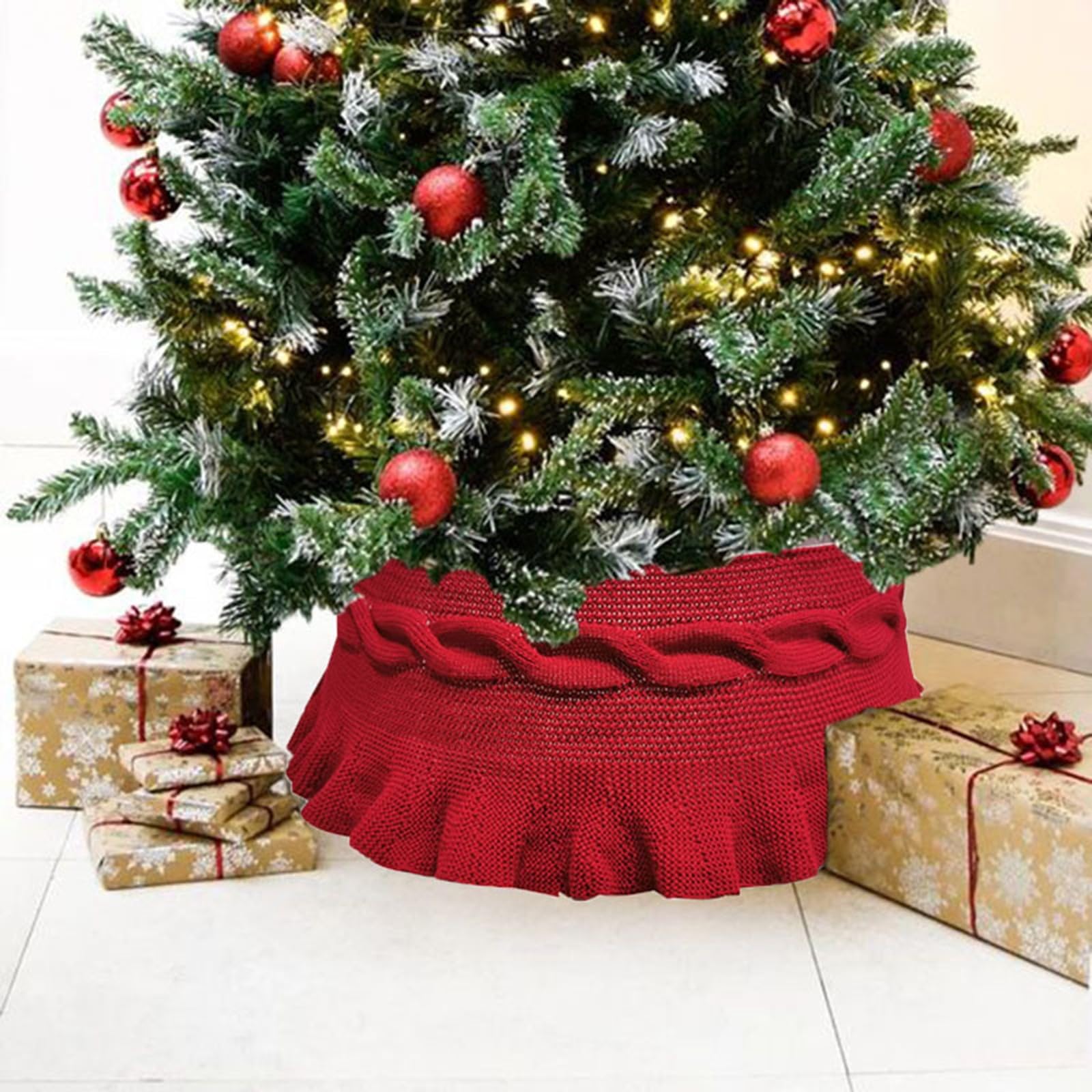 Weihnachtsbaum Kragen,Dekorative Weihnachtsbaum Rock für die Weihnachtsfeier,Einfach zu Montierende Weihnachtsbaum-Basisabdeckung(Red)