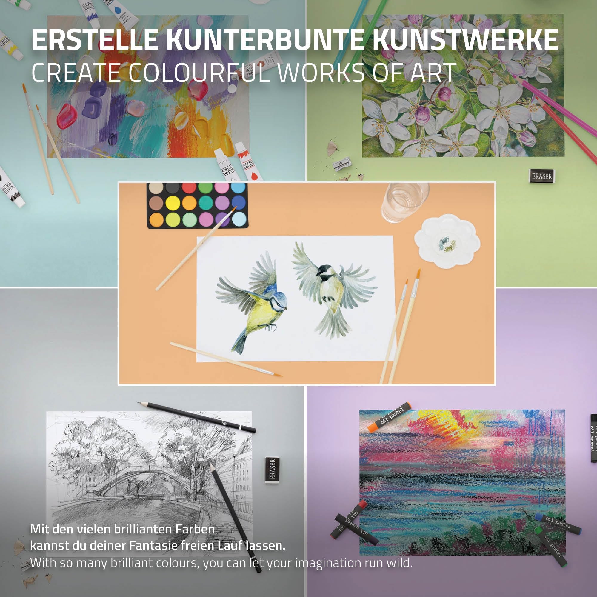 ECD Germany Set per Pittura con Cavalletto Treppiede in Alluminio e Borsa Kit Disegno 140 pezzi Colori Acrilici Pastelli Matite Colorate Acquarelli con Custodia per Artisti Principianti Hobby