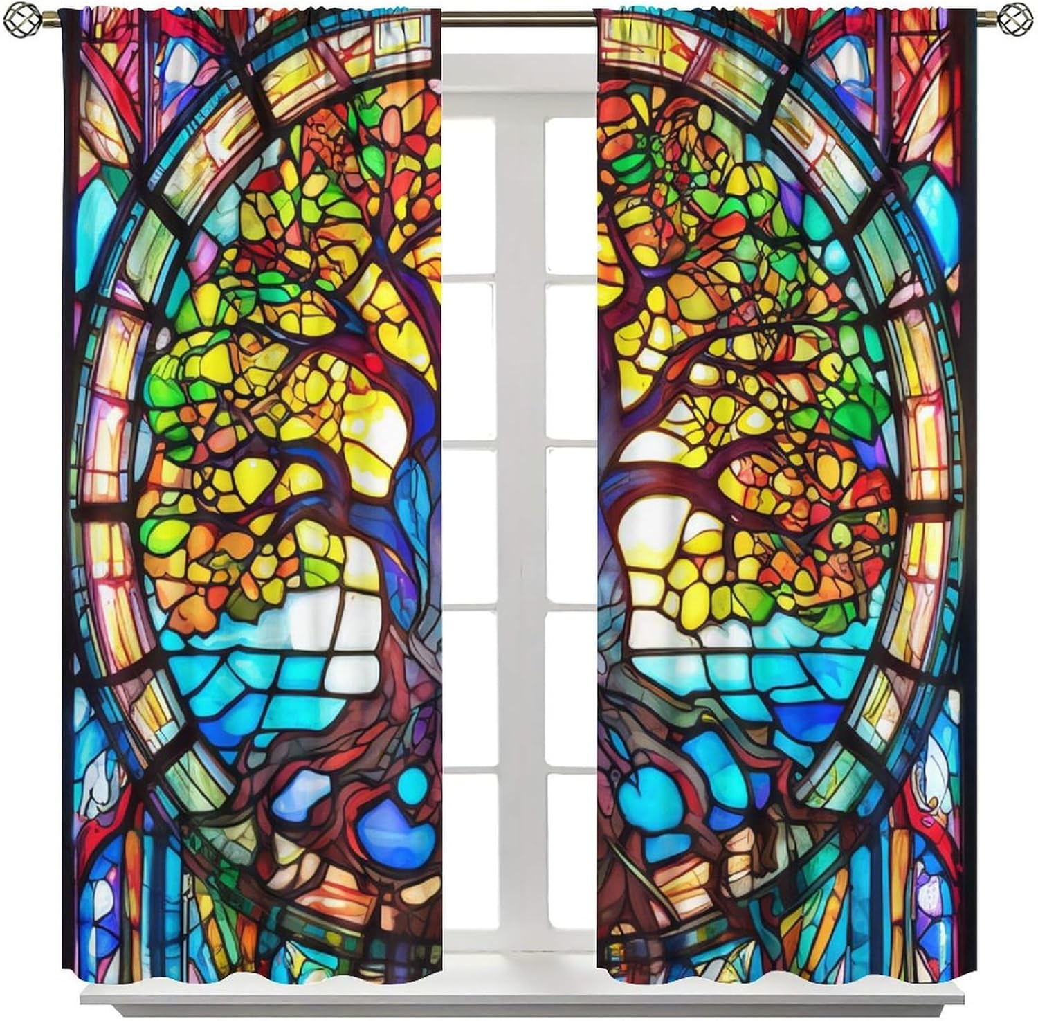 Stained Glass Blackout Window Curtain, Stained Glass Tree Curtain Colorful Boho Tree Floral Print Window Drapes for Bedroom Living Room 42" W X 45" L