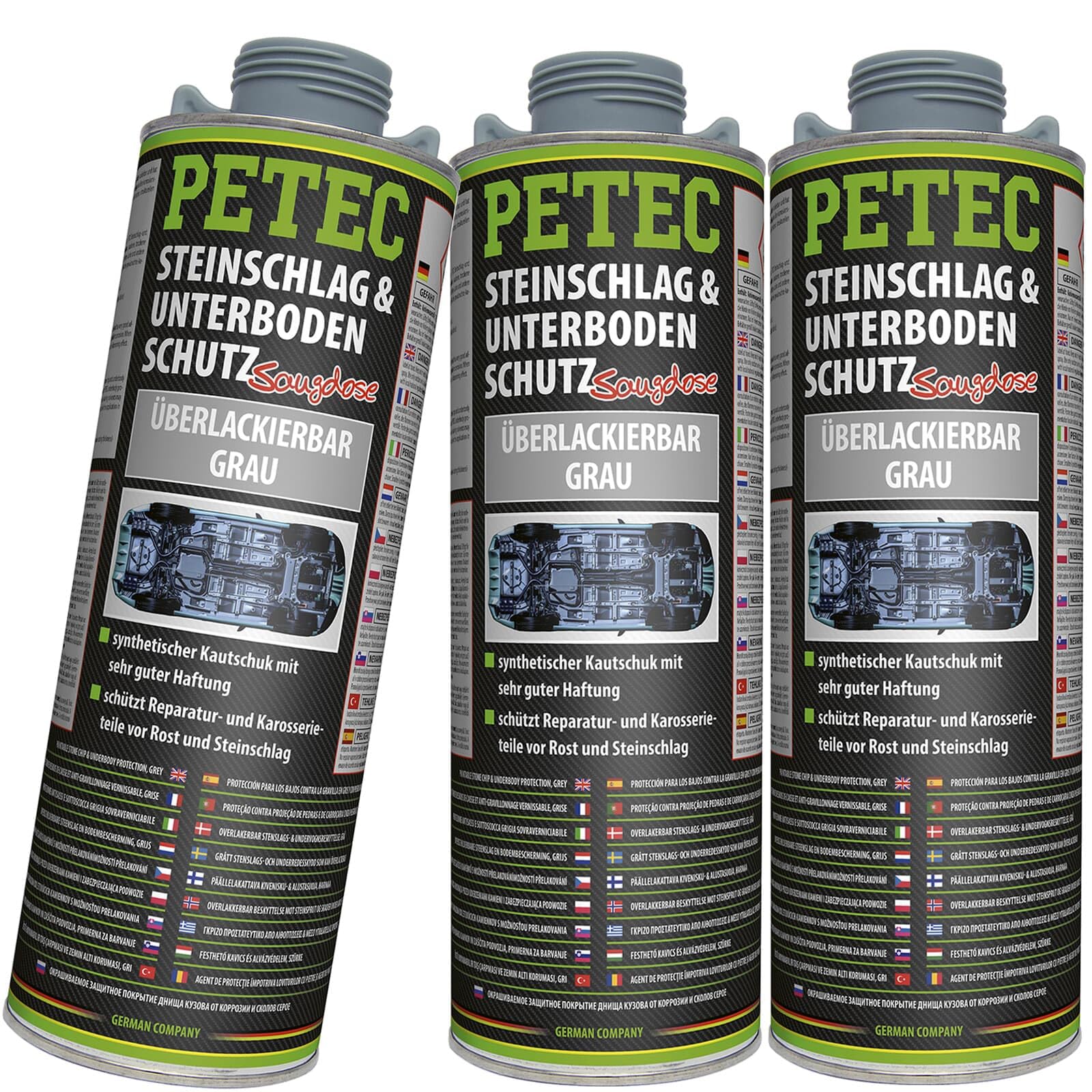 BandelOne enthält 3X 1L PETEC Steinschlag Unterbodenschutz Kautschuk Saugdose Überlackierbar Grau