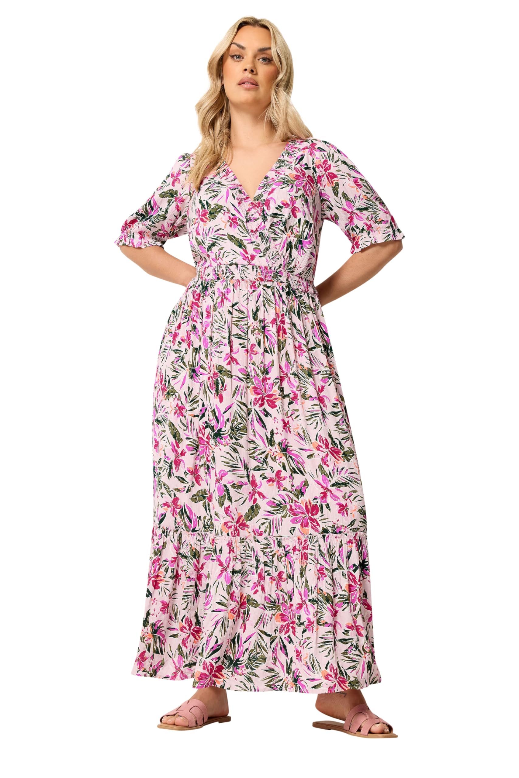 Yours Curve Pink Tropical Shirred Neck Maxi Dress - Women's - Plus Size Curve