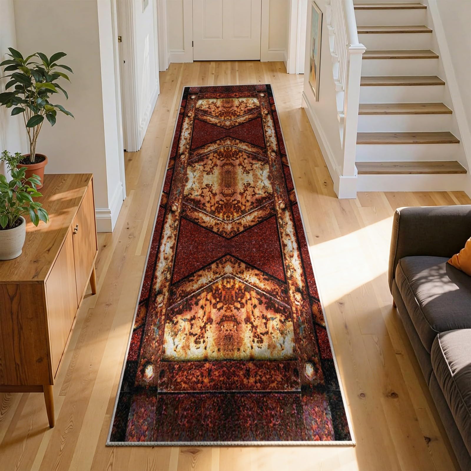 WAOTMN Rusty Long Runner Rugs for Hallway,100x300cm,Distressed Red Brown Geometric Printed Washable Kitchen Rug Mat Non-Shedding Absorbent Rubber Backed Floor Carpet Runner for Entry