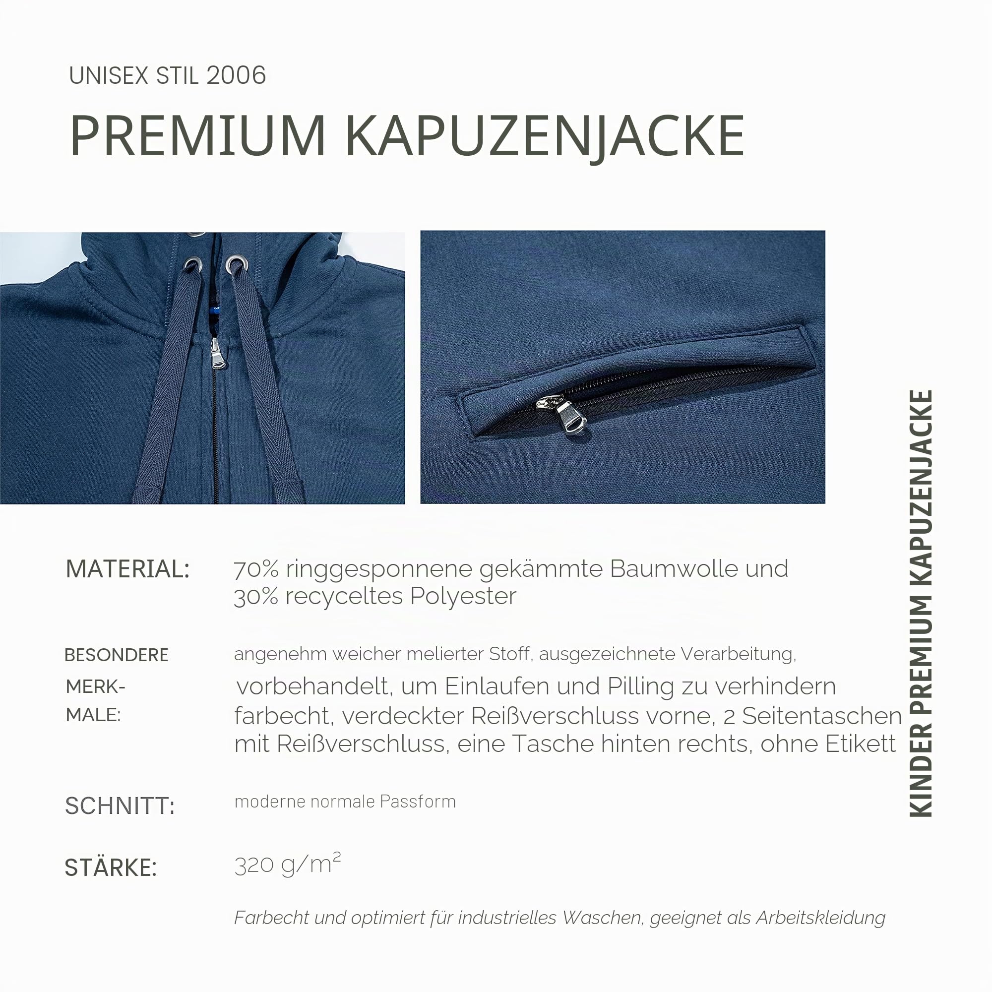 HRM Premium Kid‘s Hooded Jacket I Fair Trade Kapuzenjacke Kinder, 320 g/m² I Aus 70% Baumwolle & 30% recyceltem Polyester