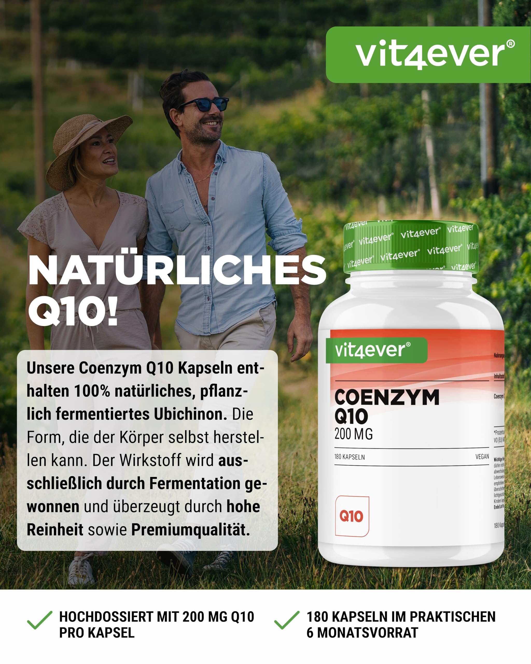 vit4ever Coenzym Q10 mit 200mg pro Kapsel - 180 vegane Kapseln - 6 Monate Reichweite - hochwertiges Q10 - hochdosiert, ohne unnötige Zusätze & laborgeprüft