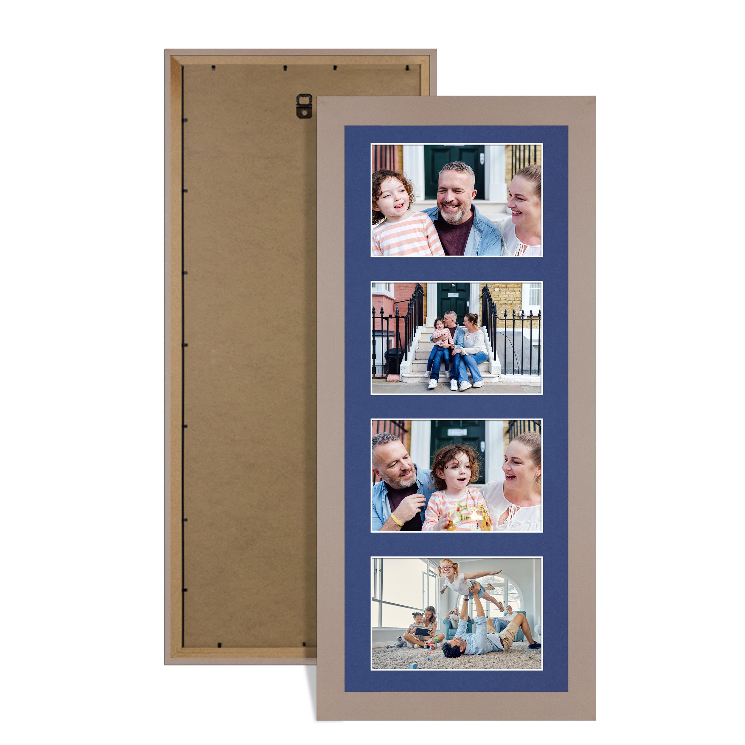 Alison Kingsgate Rose Gold 50x20cm Photo frames for multiple pictures - Collage Frame for 4 Pictures With Blue Mount - Holds (4x) 6x4 Photos - Engineered Wood & Perspex