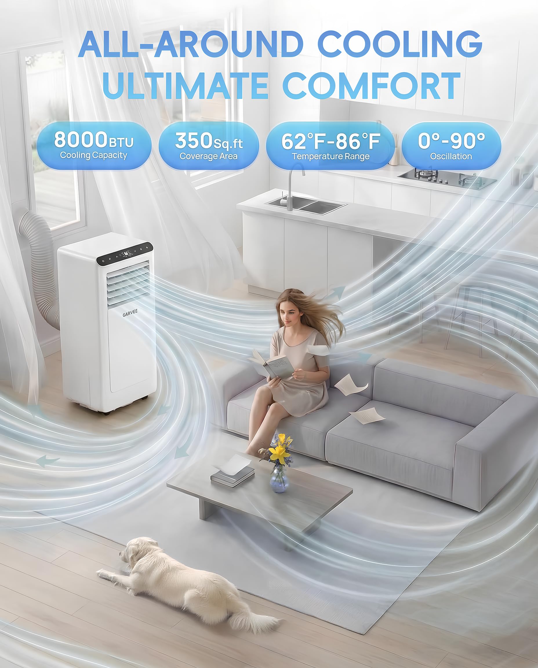 Garvee 8000 BTU Aire acondicionado portátil, hasta 350 pies cuadrados Mando a distancia 48dB unidad de CA portátil, deshumidificador, ventilador, sueño, temporizador de 24 horas y kit de instalación
