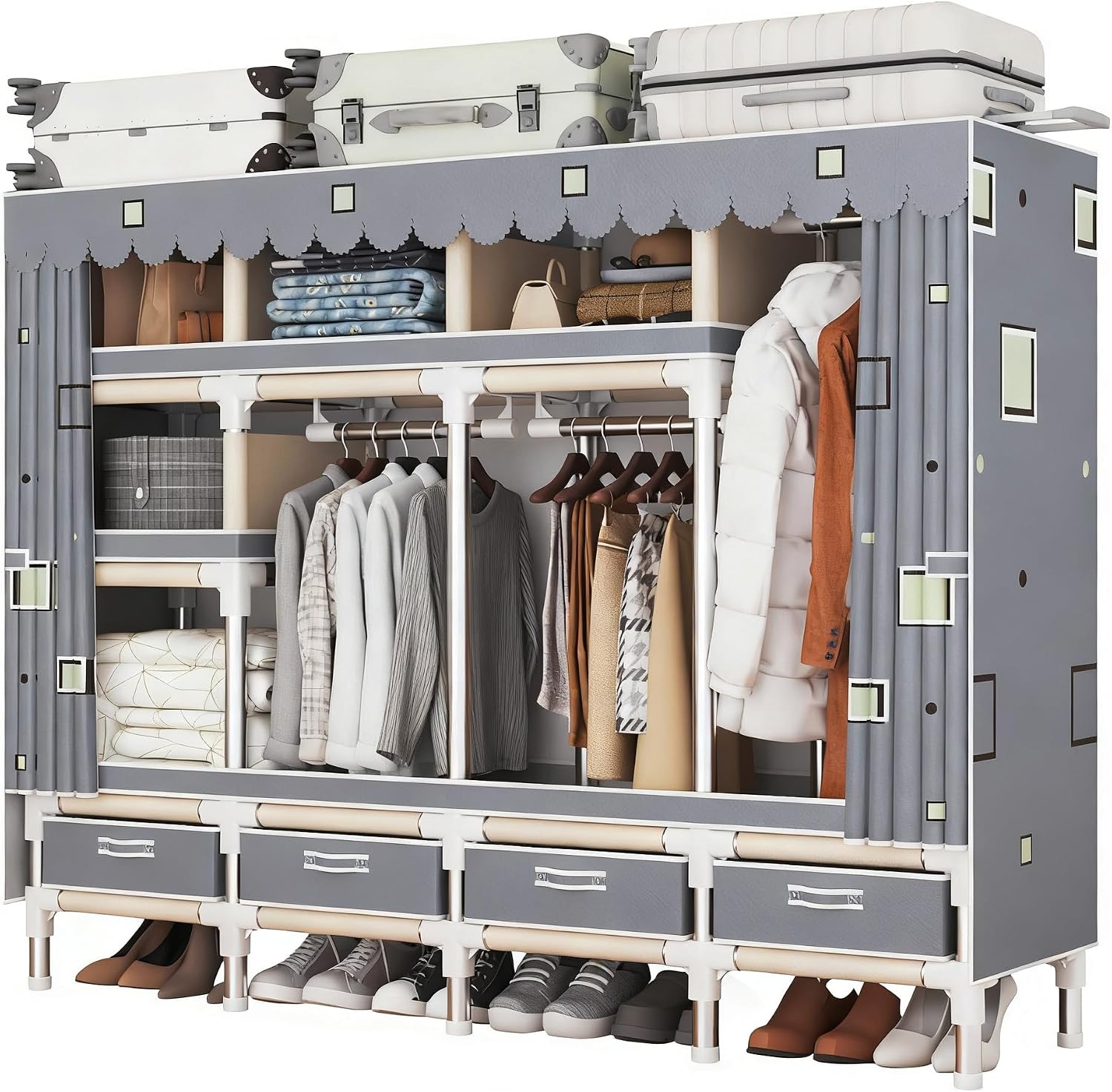 Portable Closet Wardrobe 64 Inch Freestanding Closet for Hanging Clothes Metal Wardrobe Closet Organizer Easy Assembly Stronger Load-Bearing Detachable Design Grey (Grey)