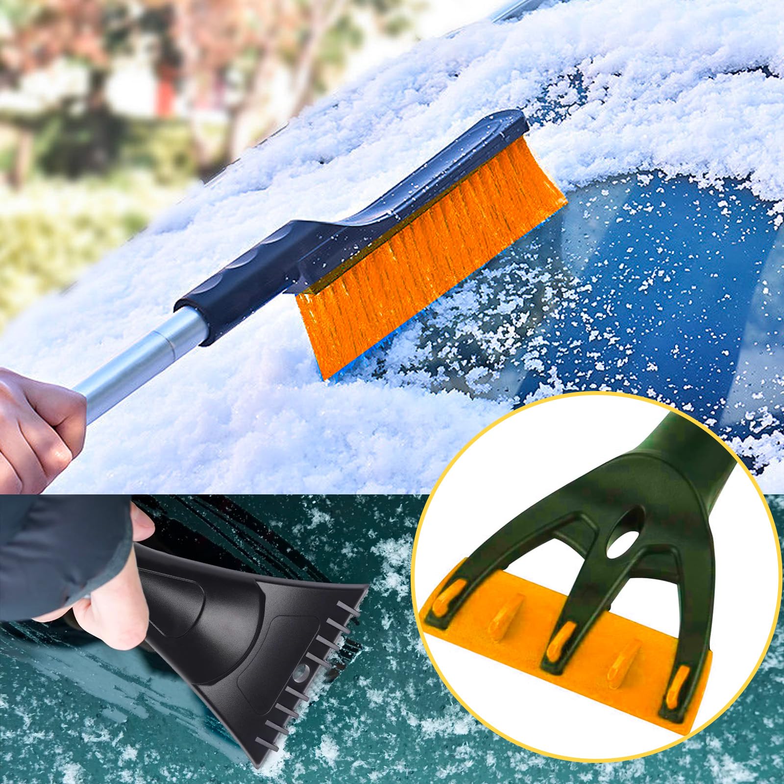 Raschietto Ghiaccio E Spazzola Neve 2 In 1 Per Auto - Manico Lungo, Arancione, Staccabile - Foto 10