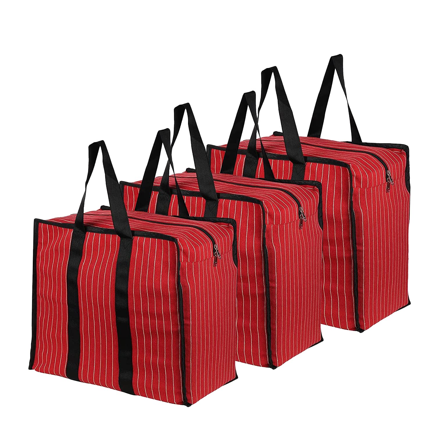 DOUBLE R BAGSDouble R Bags Extra Large Multipurpose Heavy Duty Canvas Storage Organizer Shopper Bag with Strong Handles, Zip Cover & 1 Compartment (43x26.6x45.7 cm, Red, Pack of 3)