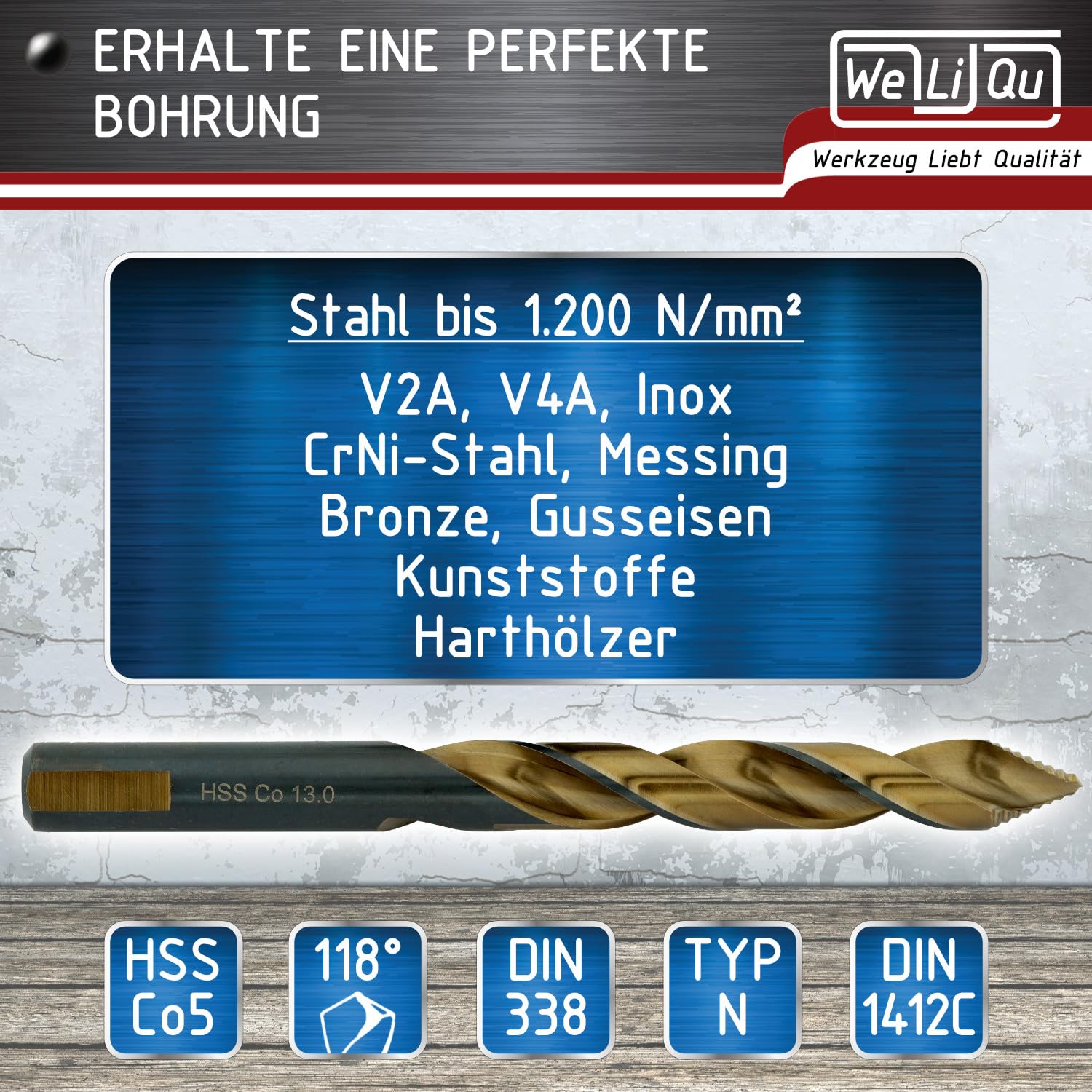 WELIQU HSS-Co Step Point Spiralbohrer Set 25-teilig 1-13mm x 0,5mm - Selbstzentrierende Metallbohrer, DIN 338, 118° für Stahl, Edelstahl, Aluminium, Messing, Bronze, Gusseisen, Hartholz, Kunststoff