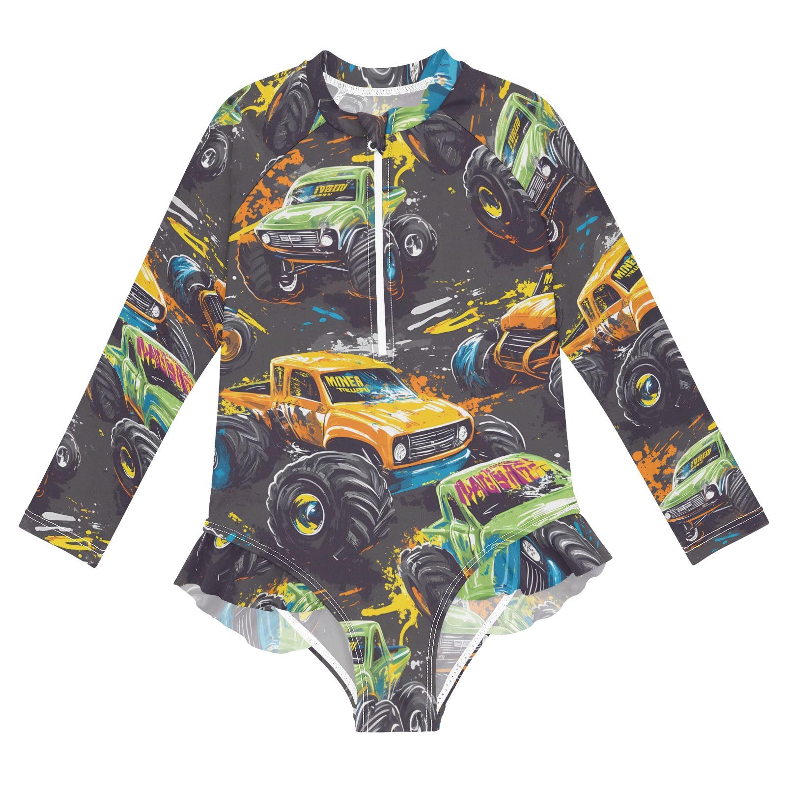 ALAZA Toddler Swimsuit Girl Bathing Suit Swimwear Rash Guard Cool Truck Long Sleeve 3T