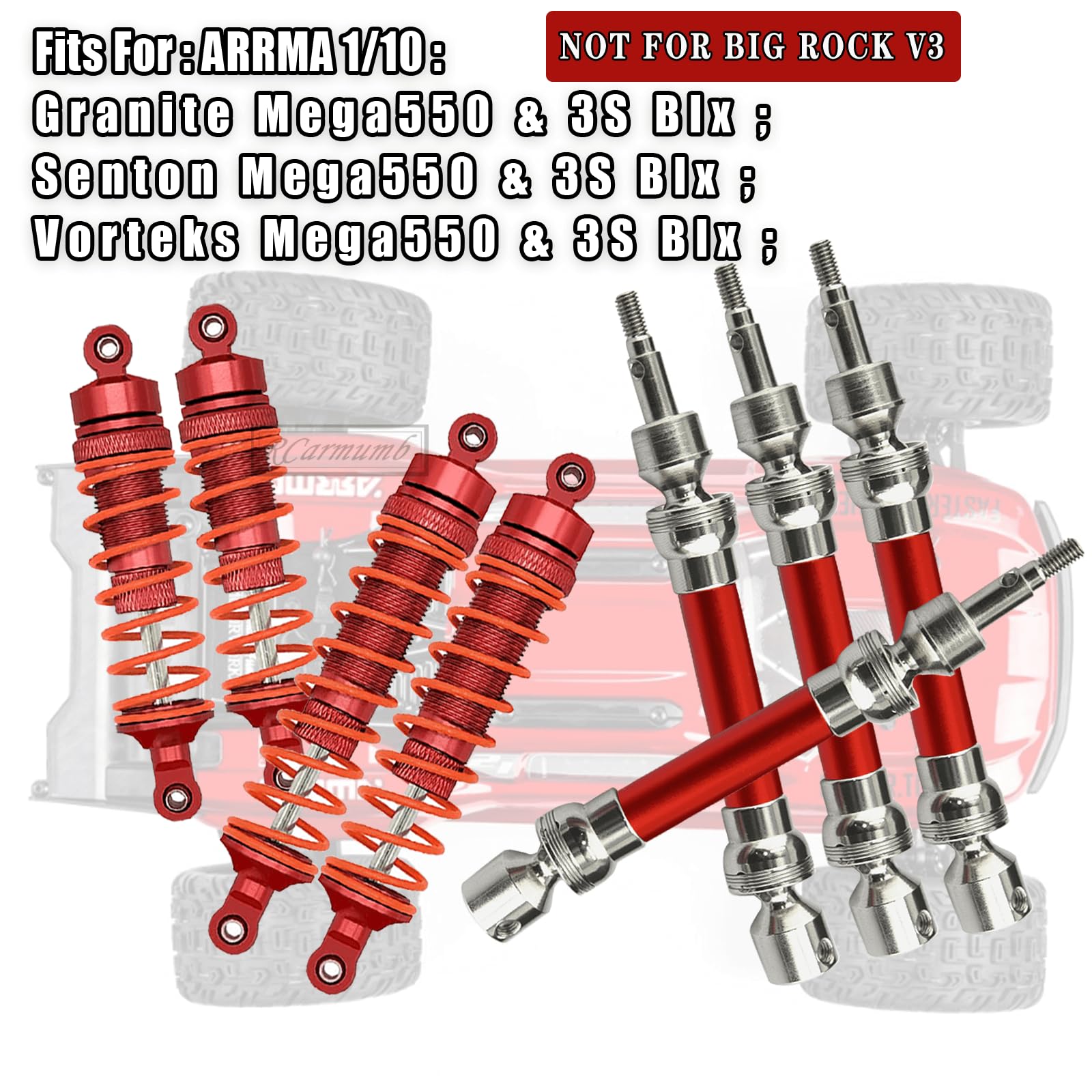 Rcarmumb CVD Drive Shaft & Shocks Upgrades Part for 1/10 Arrma Senton Granite 3s Blx&Mega550,Vortek 3s Blx,4pcs Front Rear Steel #45 Driveshaft & Alloy Big Bore Shocks Hops up,Red