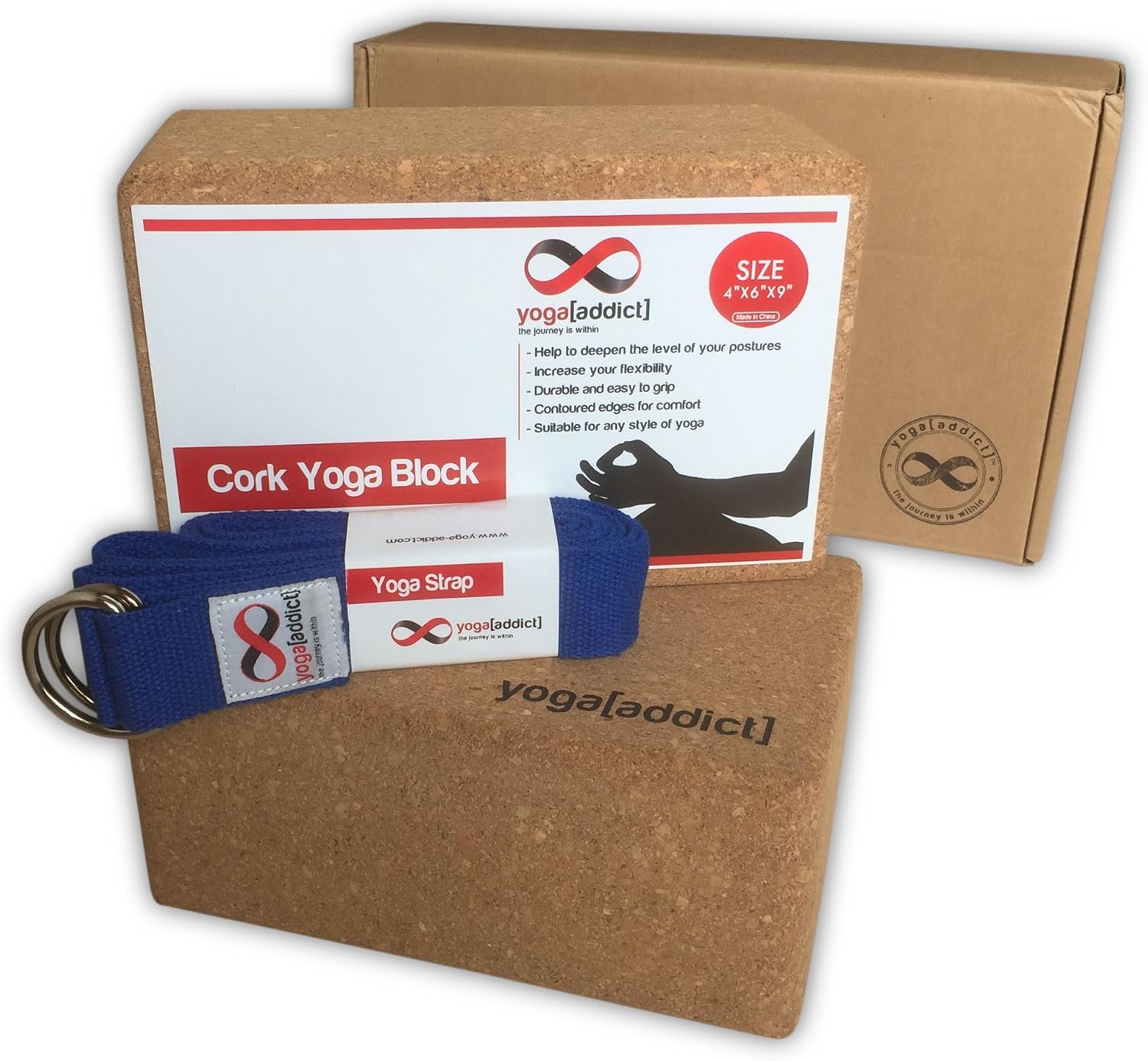 YogaAddict Foam & Cork Yoga Blocks 2 Pack and Yoga Strap Set with Box, Yoga, Pilates, Deepen Poses, Improve Flexibility and Strength, Gifts for Yoga Lovers