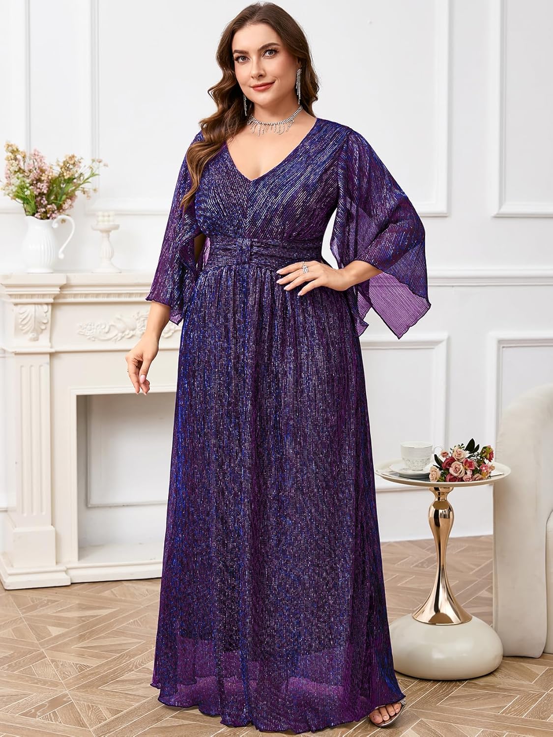 Plus Size Formal Dress Maxi Sparkly V Neck A-line Handkerchief Sleeve Evening Gown Wedding Guest Cocktail Gala - Image 4