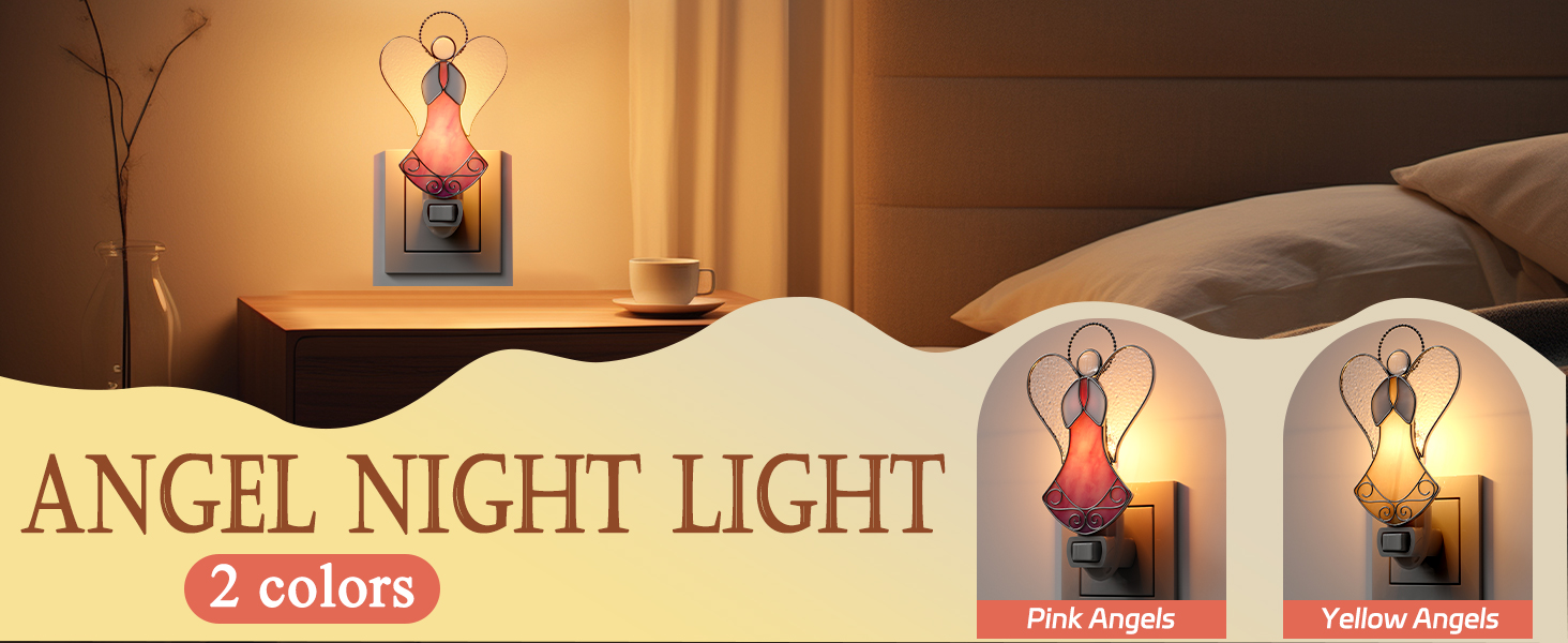 Image of Stained Glass Pink Angel Night Lights Plug in for Home Decor | Chrome & Stained Glass Night Light Plug into Wall,Holiday Night Light for Hallway Mothers Day Gift for Mom Birthday Christmas