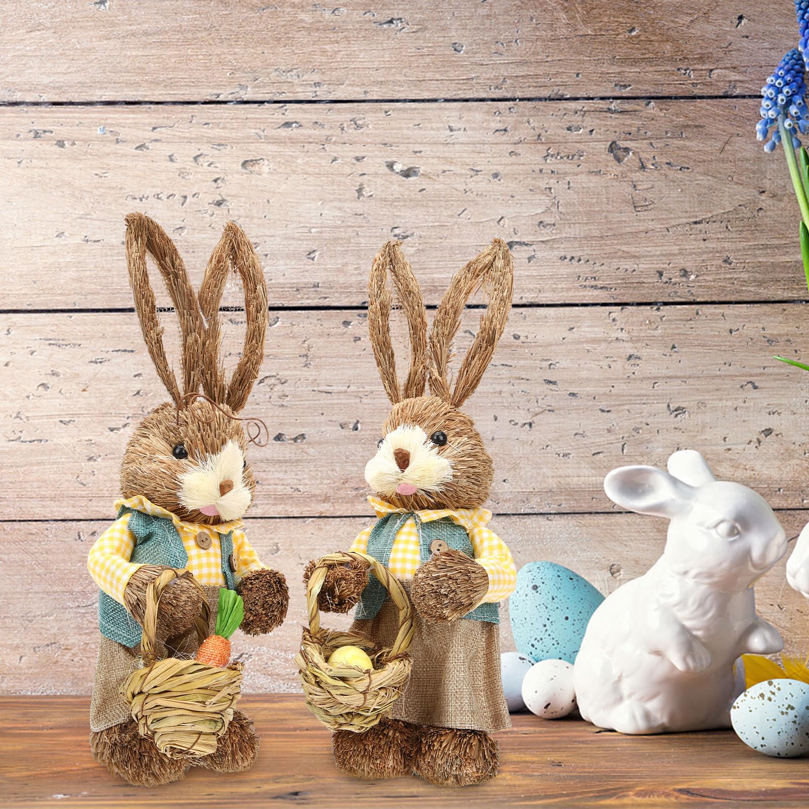 LALAFINA Coniglietti Pasquali in Paglia 2 Pezzi, Decorazioni da Giardino e Casa, Figurine di Coniglio Adorabili di Cotone, Perfette per Decorazioni di Pasqua