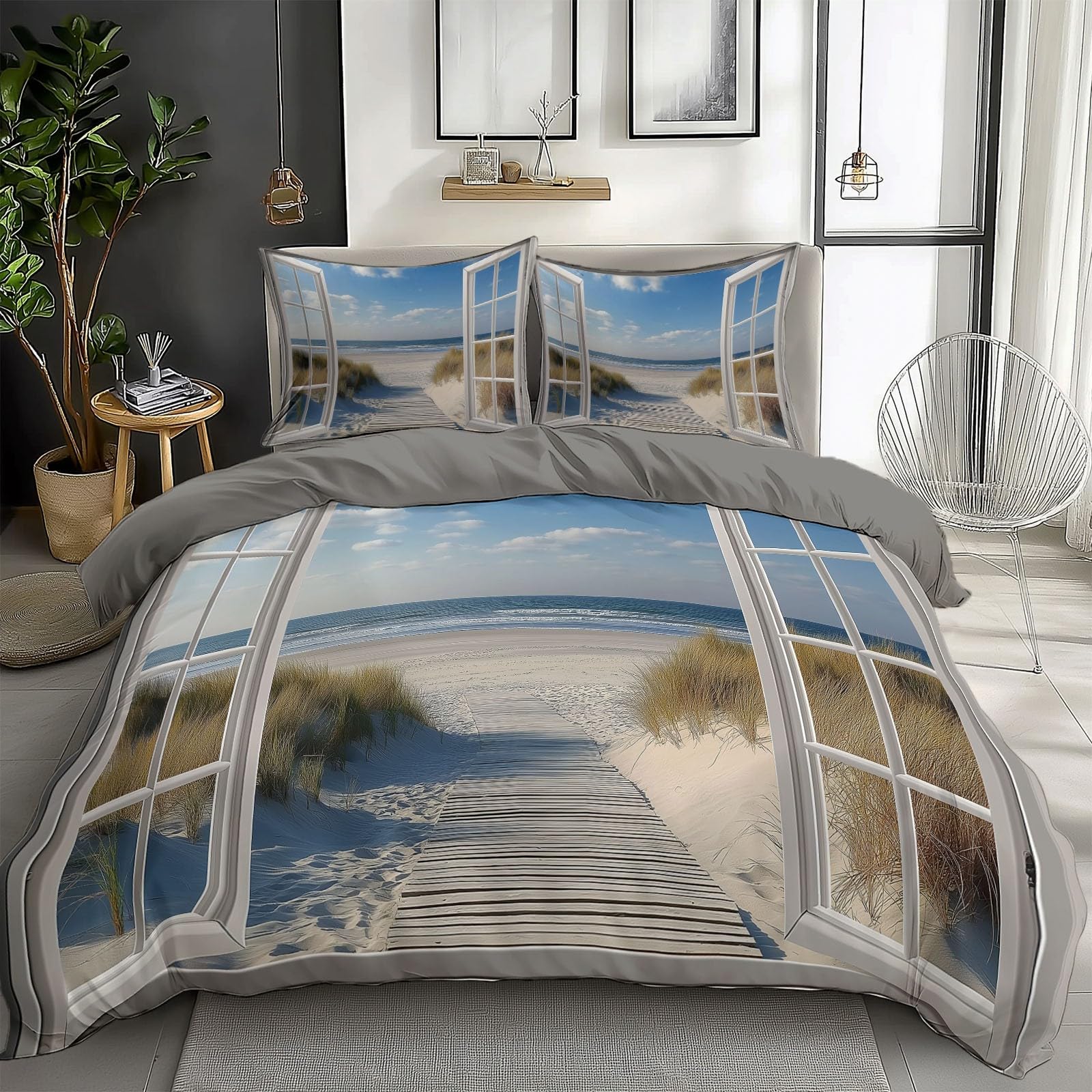 Blue Duvet Cover Queen Size for Kids Teen Window Sea View Print Bedding Sets with 2 Pillowcase, Reversible Super Soft Bedroom Decor Bed Cover 3 Piece for Boys Girls