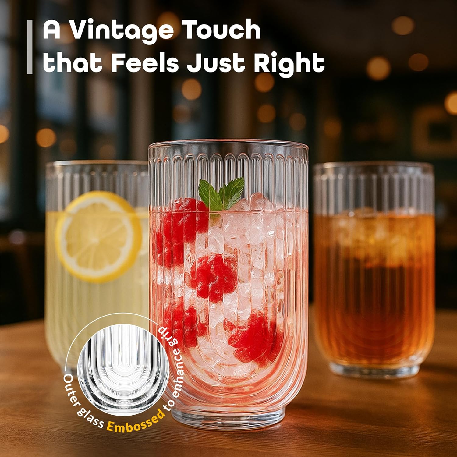 Glaver's Vintage Glassware Art Deco Glasse Ribbed Drinking Glasses U-Shape Arch Design Colored Cocktail Kitchen Tumblers Everyday Dinner Decorative Party (Clear S/4 17oz) - Image 5