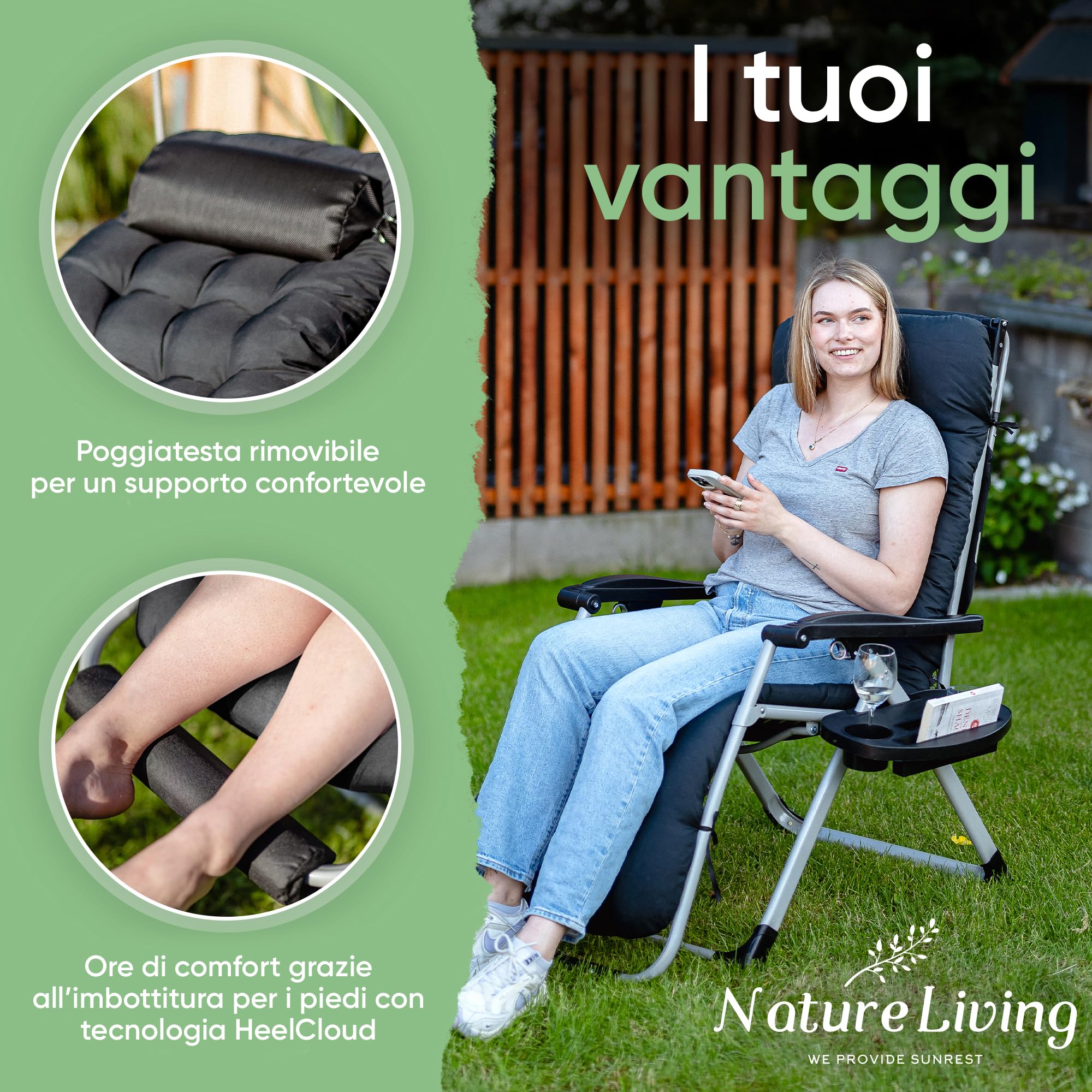 NatureLiving® Sdraio Prendisole Pieghevole con Tettuccio – Robusta, Richiudibile, Resistente alle Intemperie – Lettino da Giardino e Balcone XXL, Reclinabile, Outdoor Relax, Portata 200 kg (Nero)
