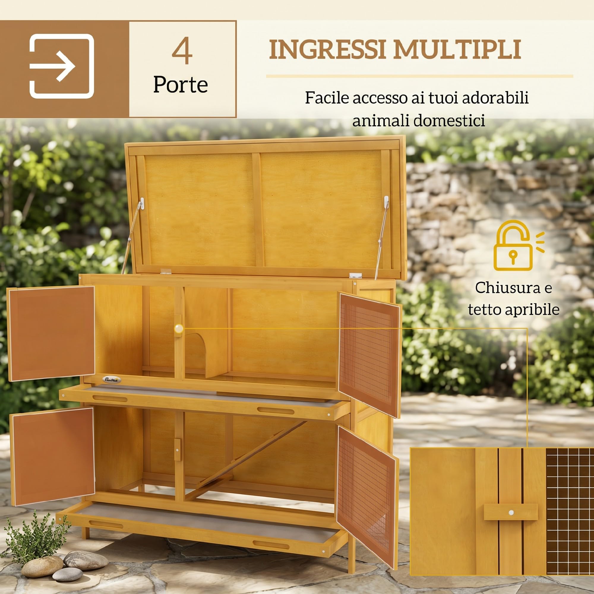 PawHut Conigliera da Esterno a 2 Livelli con 4 Porte, 97x44x91 cm, Giallo | Rampa Antiscivolo, Serratura, 2 Vassoi Estraibili, Conigliera in Abete, Tetto in Bitume, Gabbia per Conigli