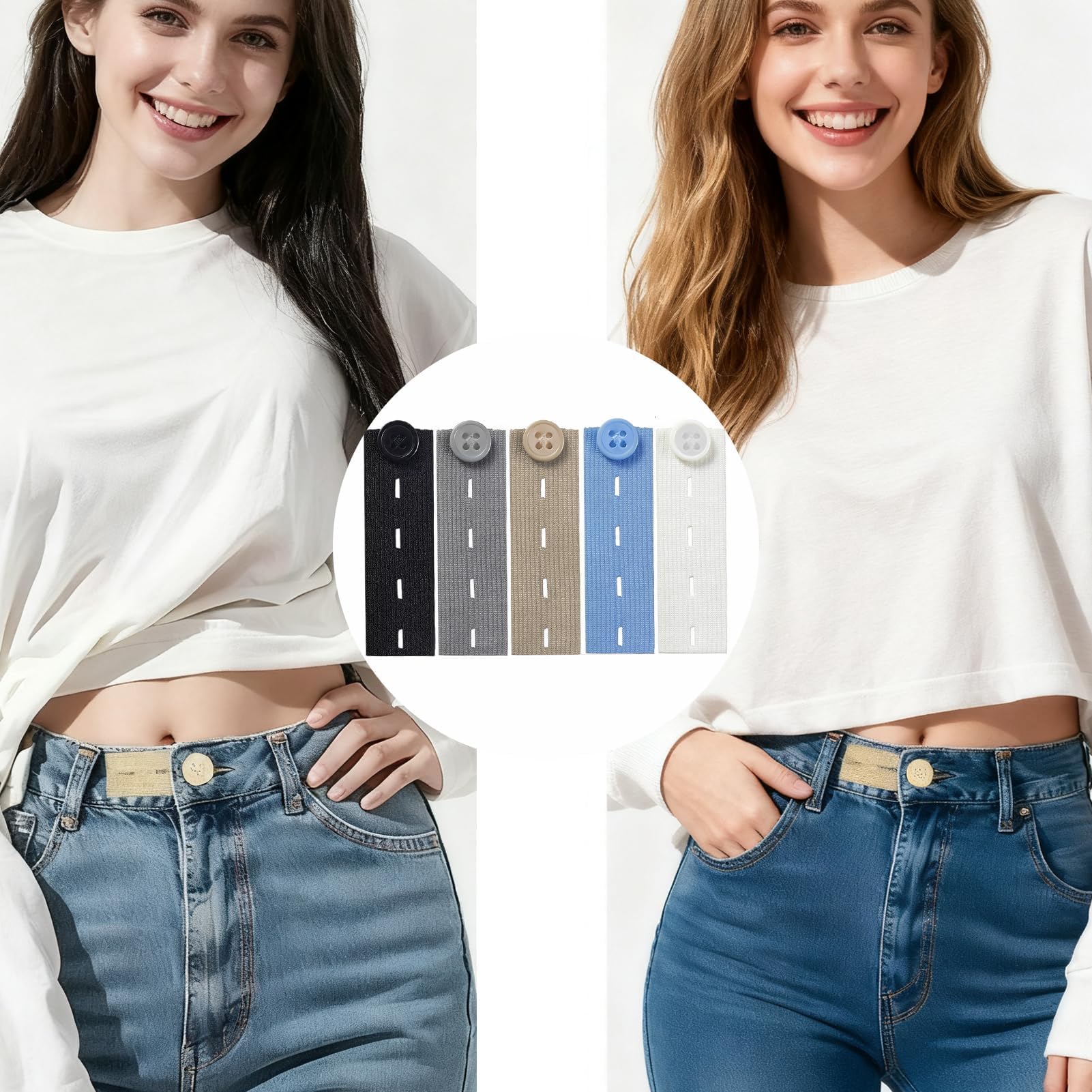 10 Piezas Extensor de Cintura para Pantalones, Botones Ajustables en Negro/Azul/Blanco/Caqui/Gris, Ideal para Embarazadas y Ajuste de Ropa, Alargador de Cintura para Hombre y Mujer