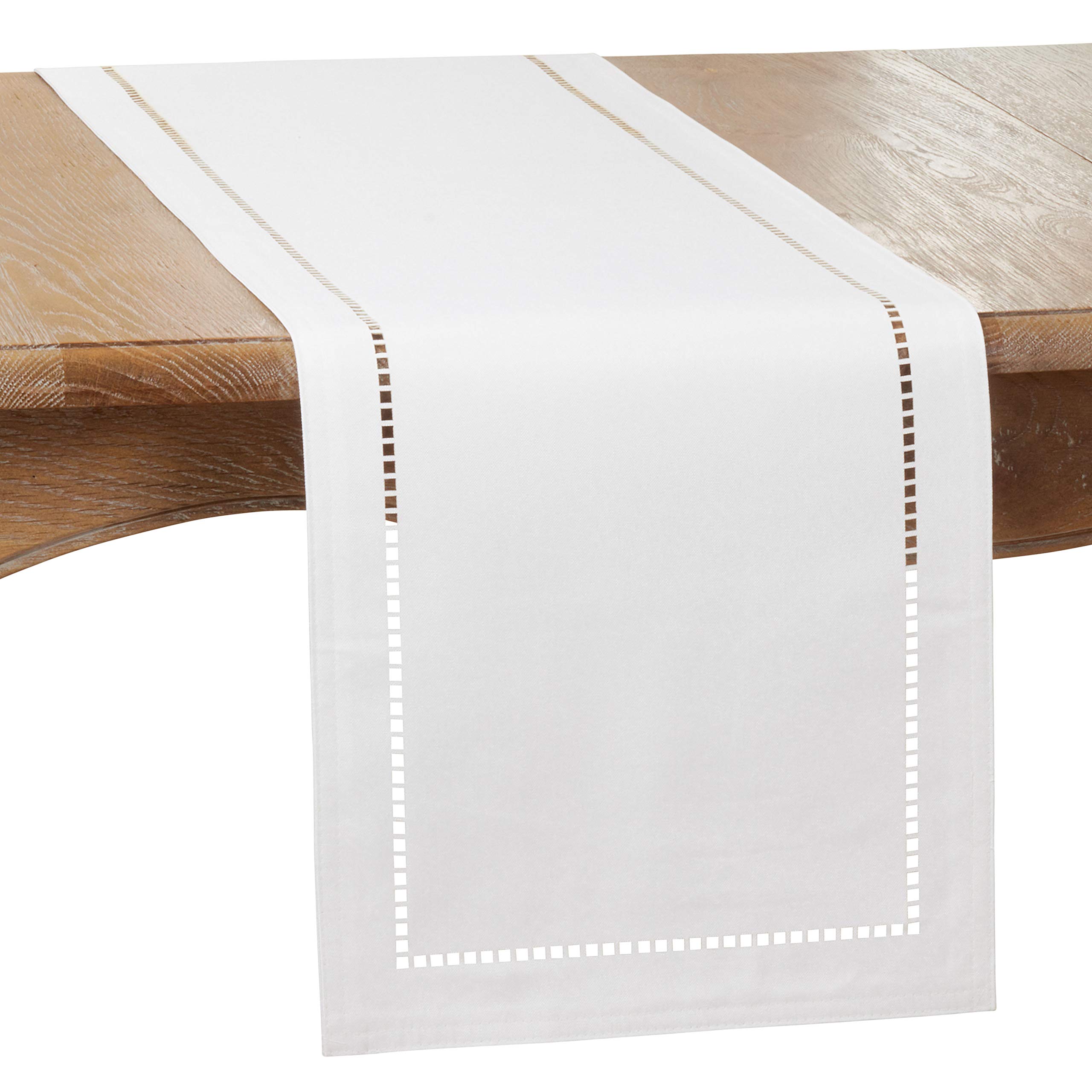 SARO LIFESTYLE Hadleigh Collection Laser-Cut Hemstitch Table Runner, 14" x 120", White