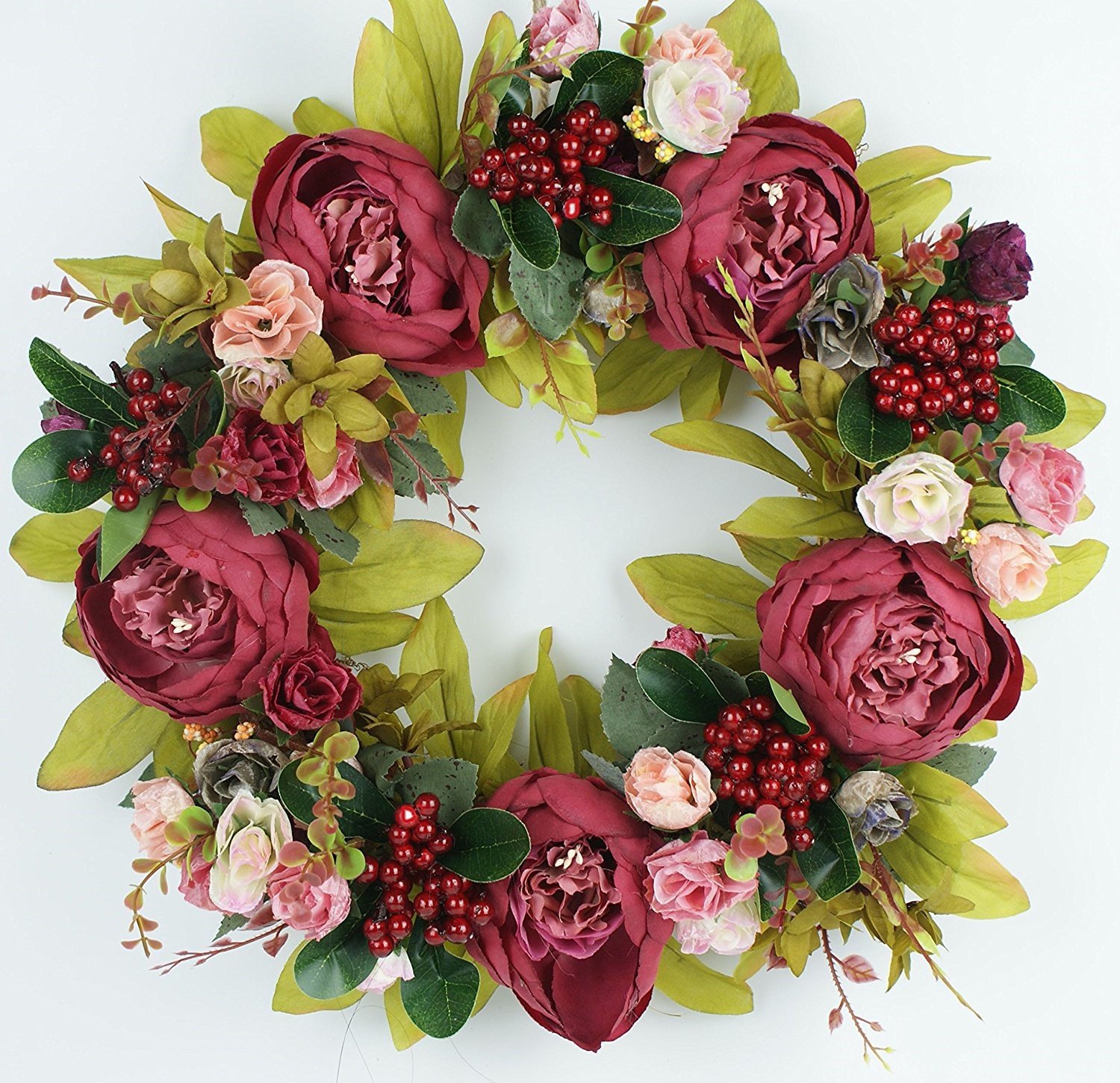 Spring Silk Flower Wreath 15 inch for Spring and Summer Front Door Decoration （YAZAN-MOLANDI）