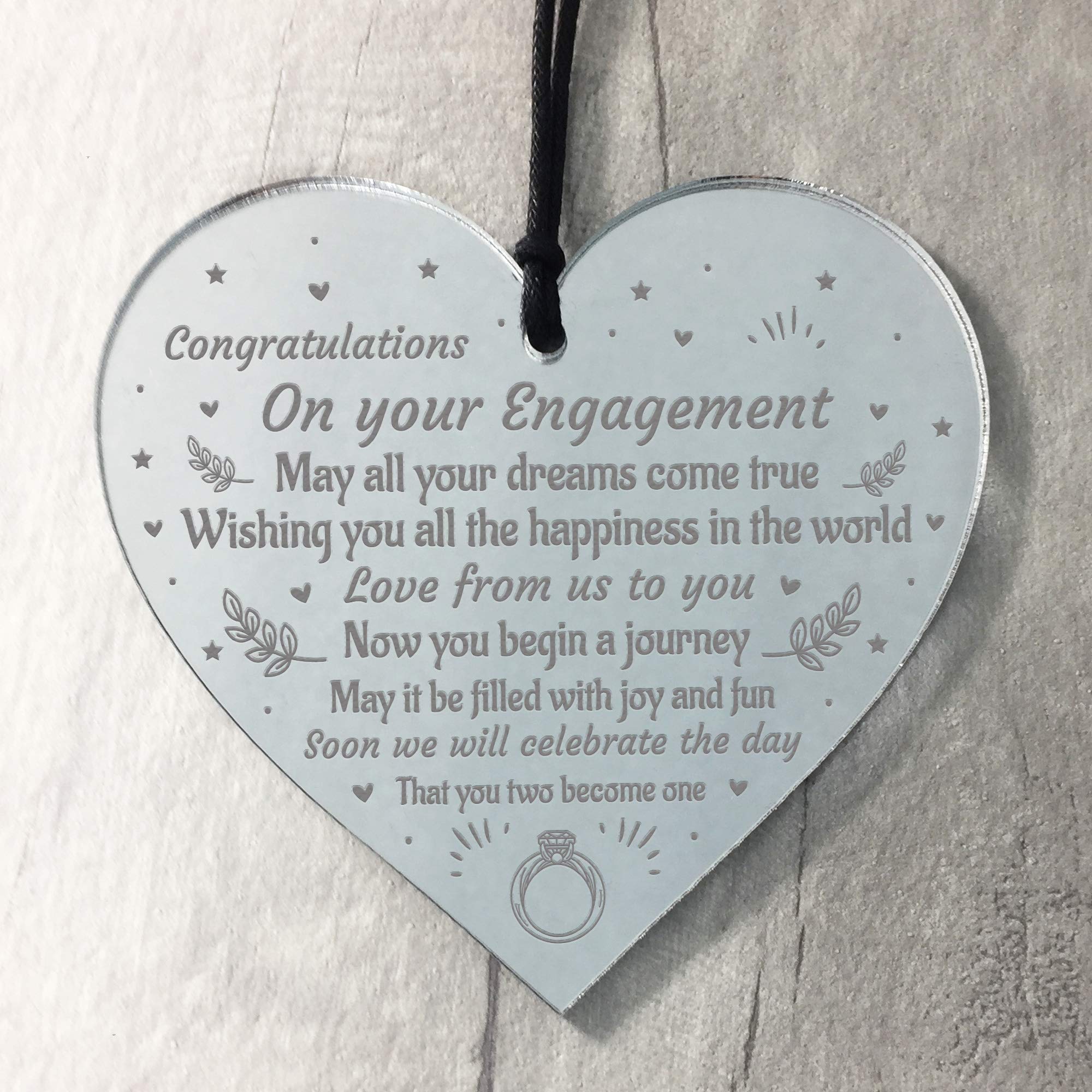 RED OCEAN Handmade Engagement Gift For Couple Wooden Heart Congratulations Gift Keepsake, silver/mirror, 10 x 10 cm