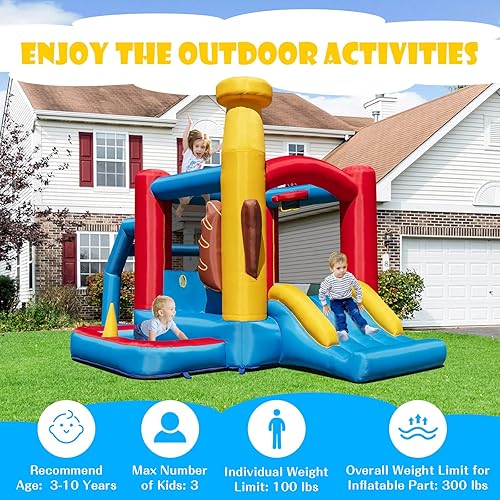 Miniatura 3 de HONEY JOY Casa inflable de rebote con soplador de 735 W, rebote de luna inflable para niños con tobogán, área gigante de salto, estacas, bolsa de