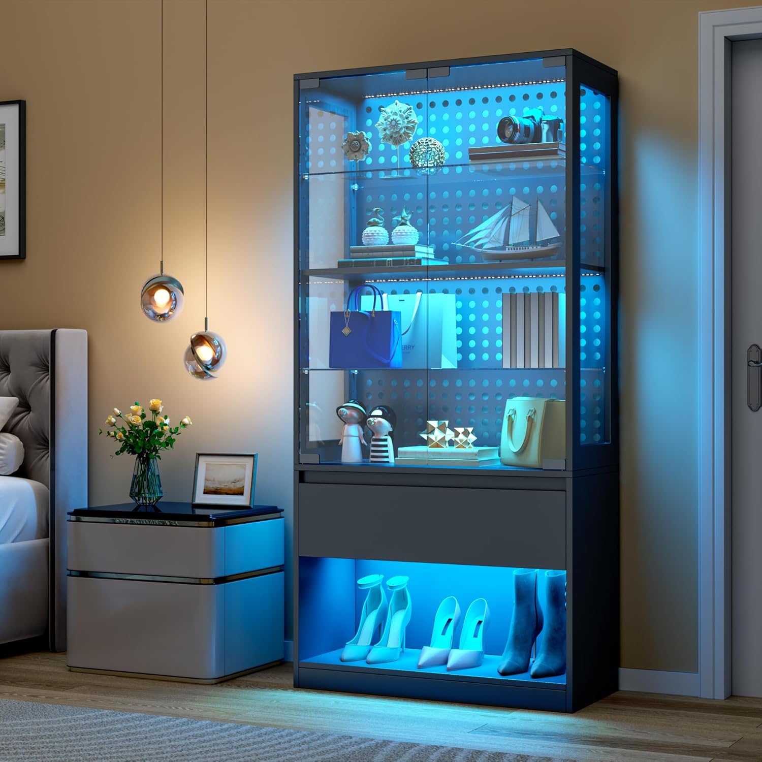 Glass Display Cabinet with LED Lights and Glass Doors- 65" Tempered Glass Curio Cabinet with Adjustable Shelves, Black Display Case for Collectibles Gaming Liquor(31.5" W)