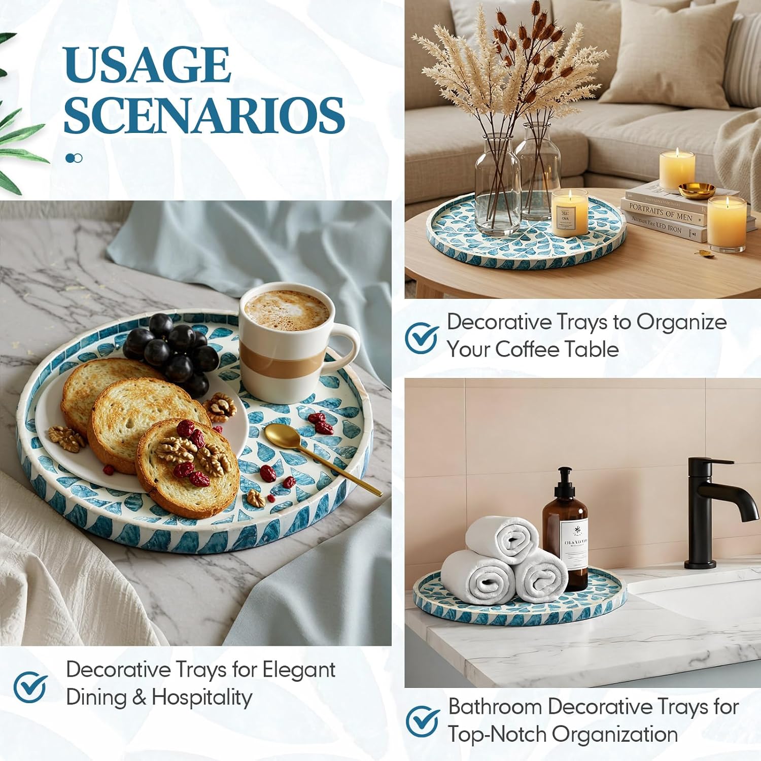 Chunful Mother of Pearl Round Serving Tray Wood Coffee Table Tray 10.4 Inch for Tea Breakfast Kitchen Cabinet(Teal Floral Style) - Image 6