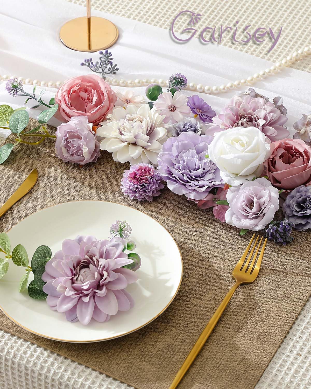 Garisey Künstliche Blumen Kombi-Box Set für DIY Hochzeit Blumenstrauß Arrangements Brautdusche Party Home Dekorationen (Weiß Lila Pfingstrose)