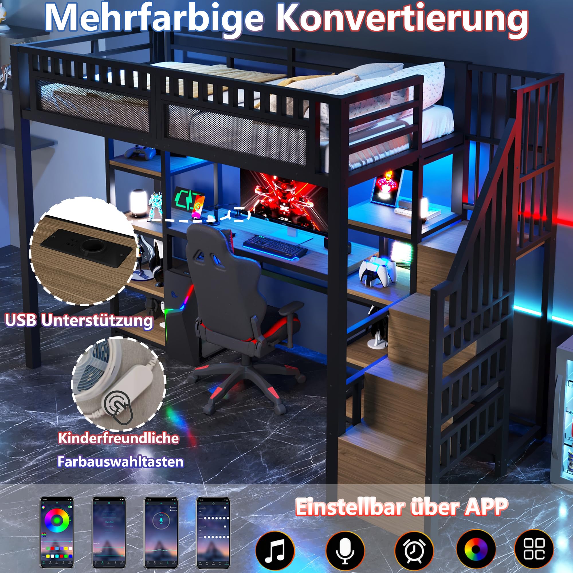 Lit mezzanine en fer 140 x 200 cm avec bureau, lit superposé avec armoire ouverte et 3 tiroirs, lit de jeu avec ports USB et LED pour enfant, noir | Leroy Merlin Lit mezzanine en fer 140 x 200 cm avec bureau, lit superposé avec armoire ouverte et 3 tiroirs, lit de jeu avec ports USB et LED pour enfant, noir | Leroy Merlin