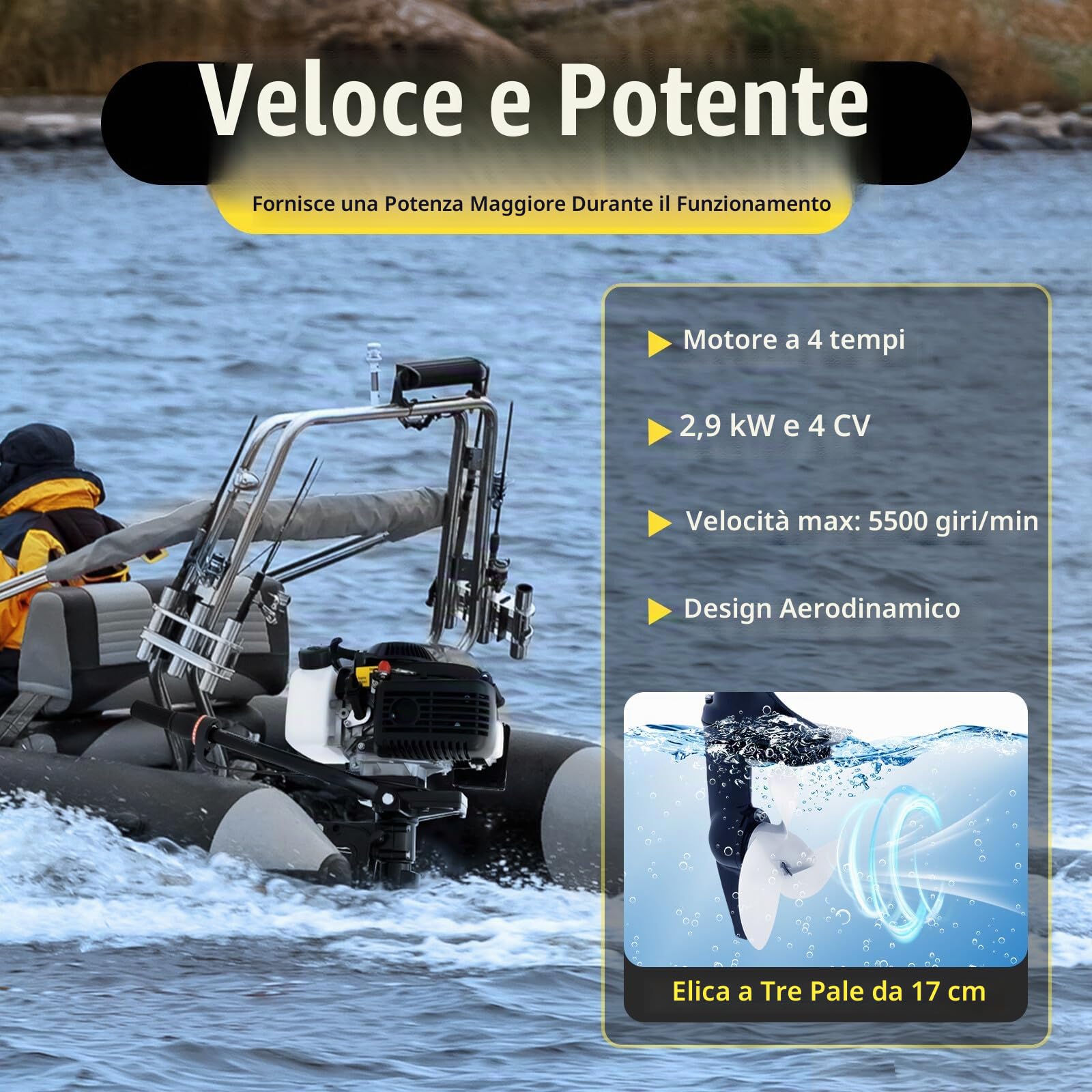 Motore Fuoribordo 4 Tempi 4CV | Albero 40cm | Avvio Manuale | Raffreddamento ad Aria, CDI, 55cc, per gommoni e barche fino a 600 kg, motore gommone